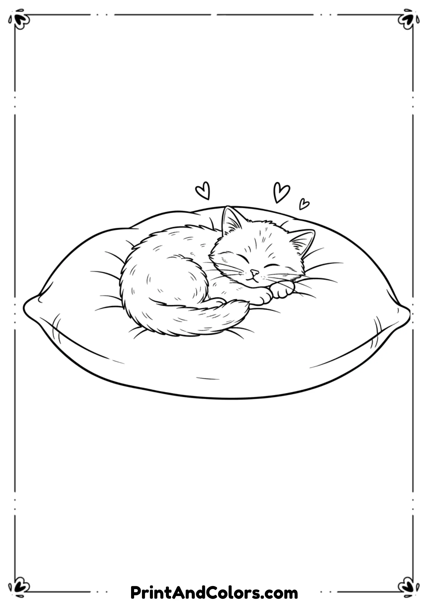  Peaceful kitten sleeping on a big soft pillow, simple outlines and cozy vibe in line art.
