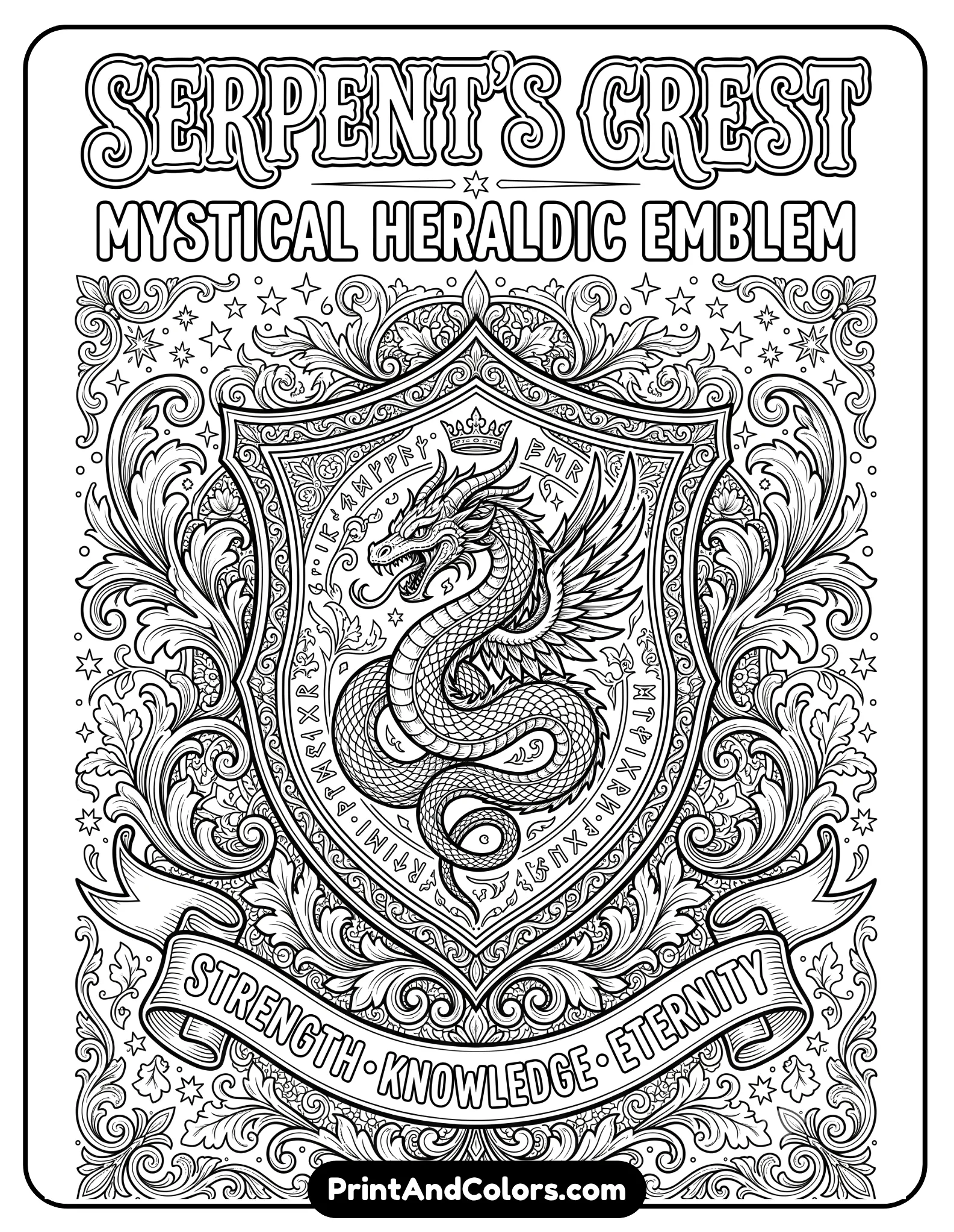 Intricate black and white coloring page featuring a serpent emblem inside a gothic fantasy shield surrounded by ornate scrollwork, stars, banners, and magical decorative borders. Medieval heraldic line art with detailed fantasy patterns for printable coloring books