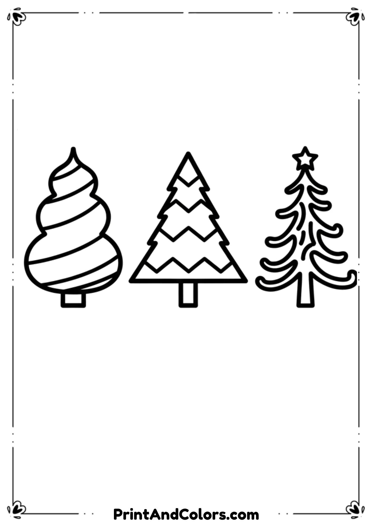Series of small individual Christmas tree outlines on one page—3 to 6 mini trees in different simple shapes. Bold lines, easy for young kids.
