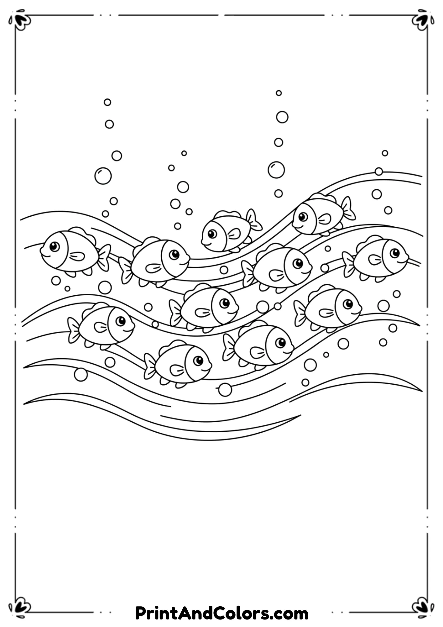 Multiple tiny fish swimming in a group with bubbles and simple water waves. Clean clear outlines.