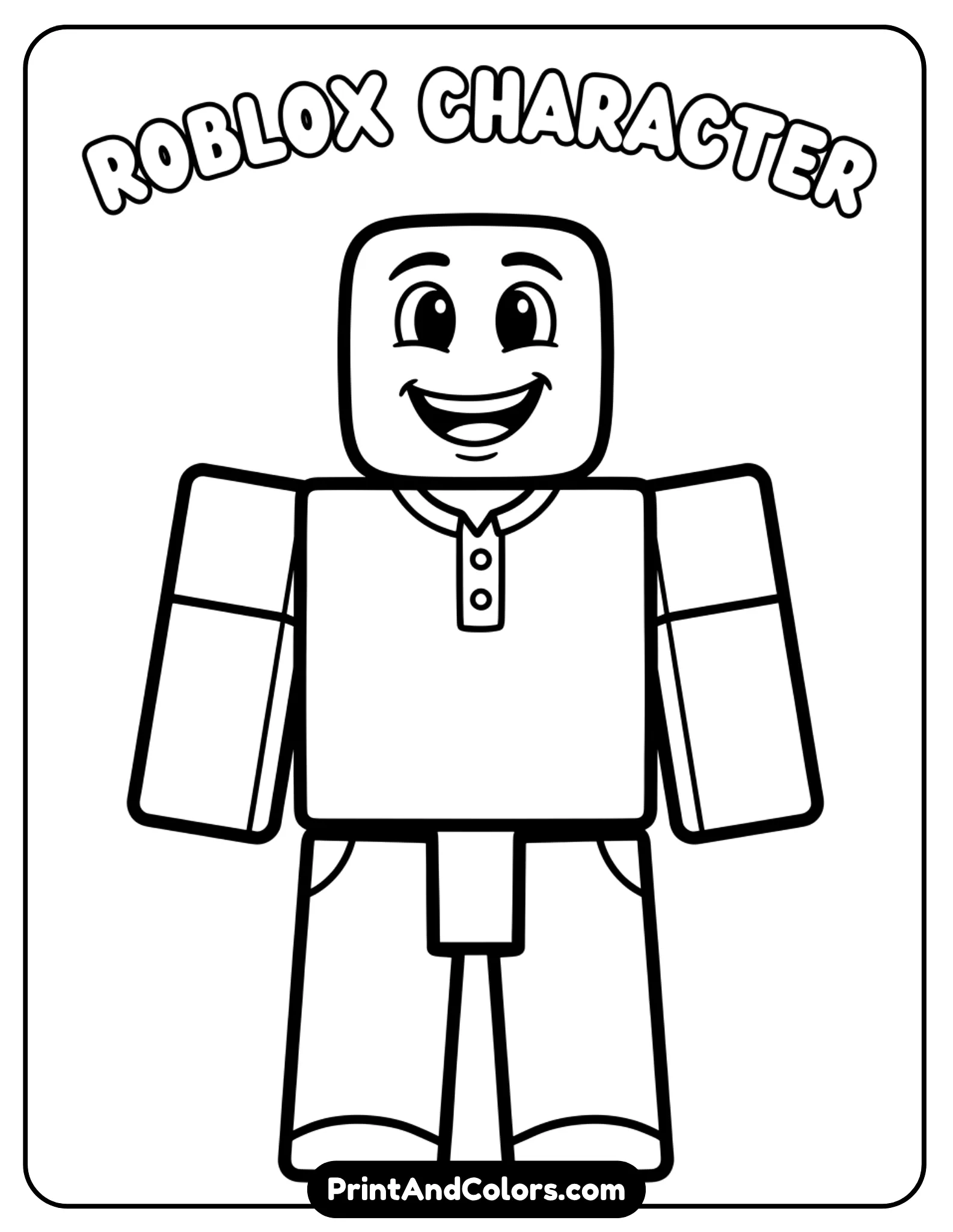 Simple blocky Roblox character with a large smiling face, minimal details, thick outlines, wide open areas for easy coloring, centered composition