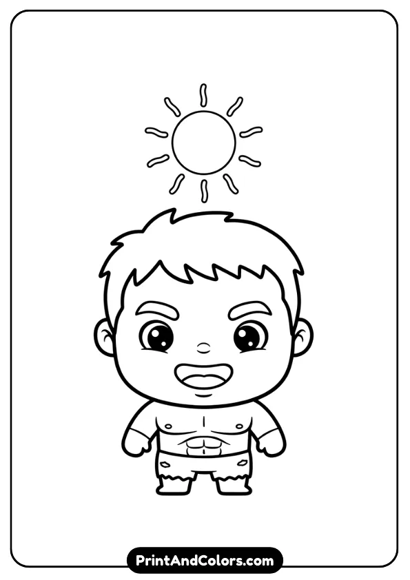 Cute chibi-style Hulk smiling, big head small body, standing under a simple sun in the sky, thick outlines, kid-friendly, no shading