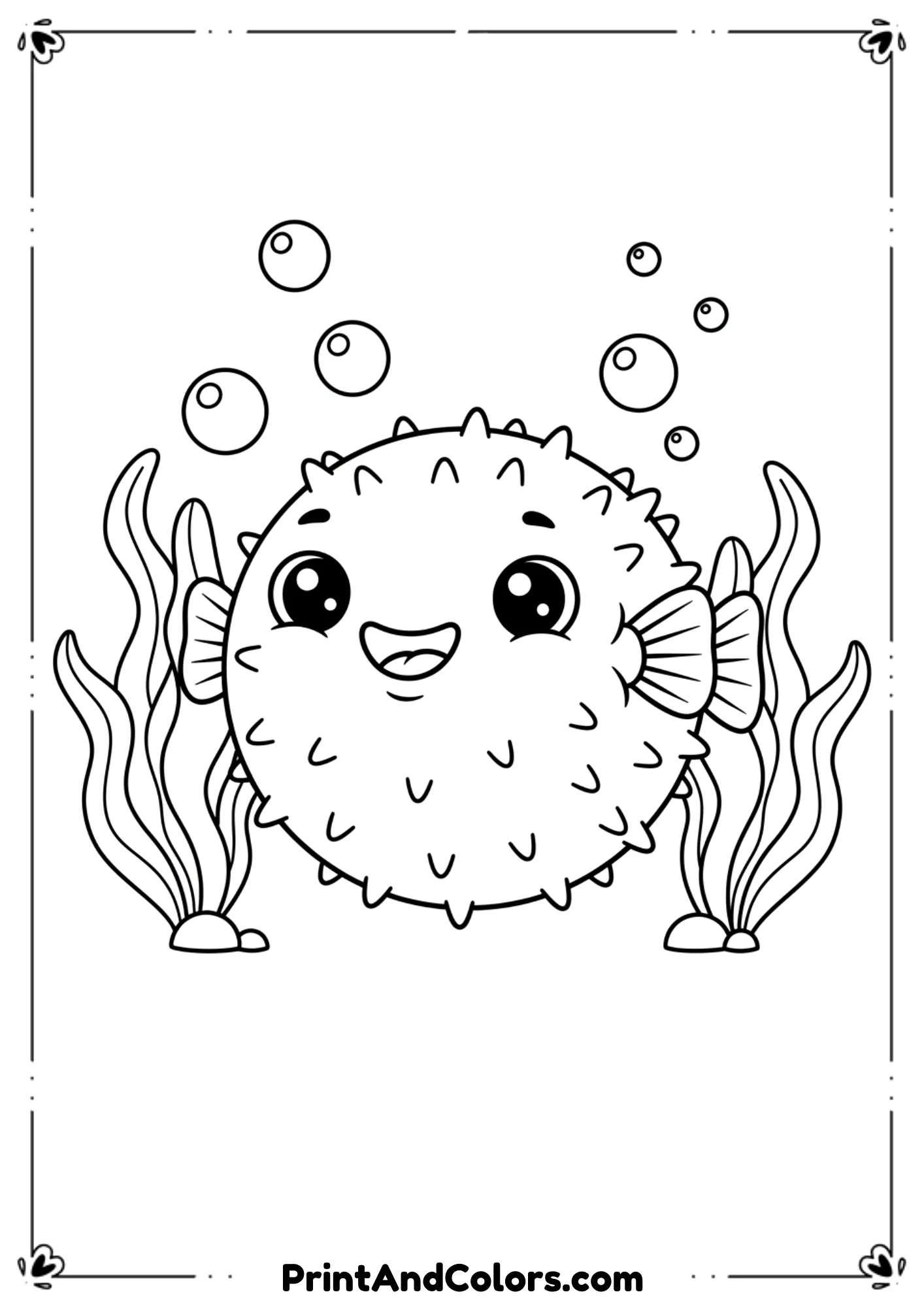 Cute round pufferfish with small spikes and a big cheerful smile. Add wavy seaweed and bubbles. Thick outlines and minimal details for young children.