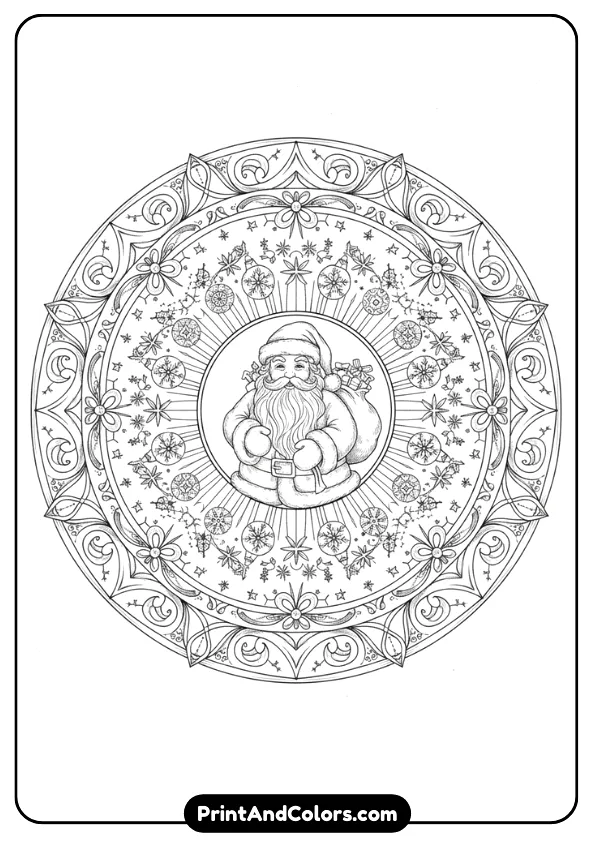 Create a black and white mandala design with Santa in the center. Include snowflakes, ornaments, stars, and swirling holiday shapes. Detailed but clean