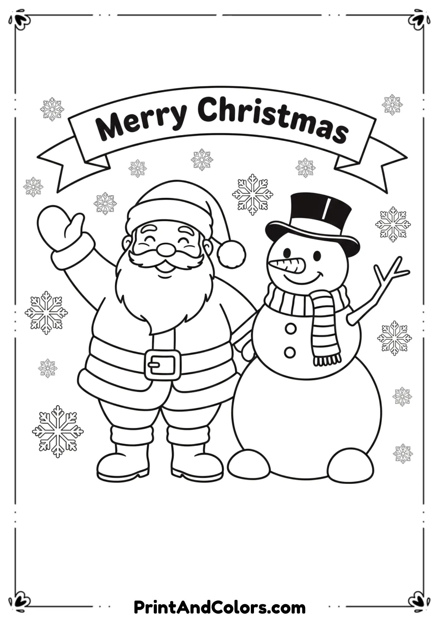 Black and white line art of Santa Claus standing beside a cheerful snowman. Both waving under a “Merry Christmas” banner. Clean outlines, kid-friendly, simple details, winter snowflakes in background.
