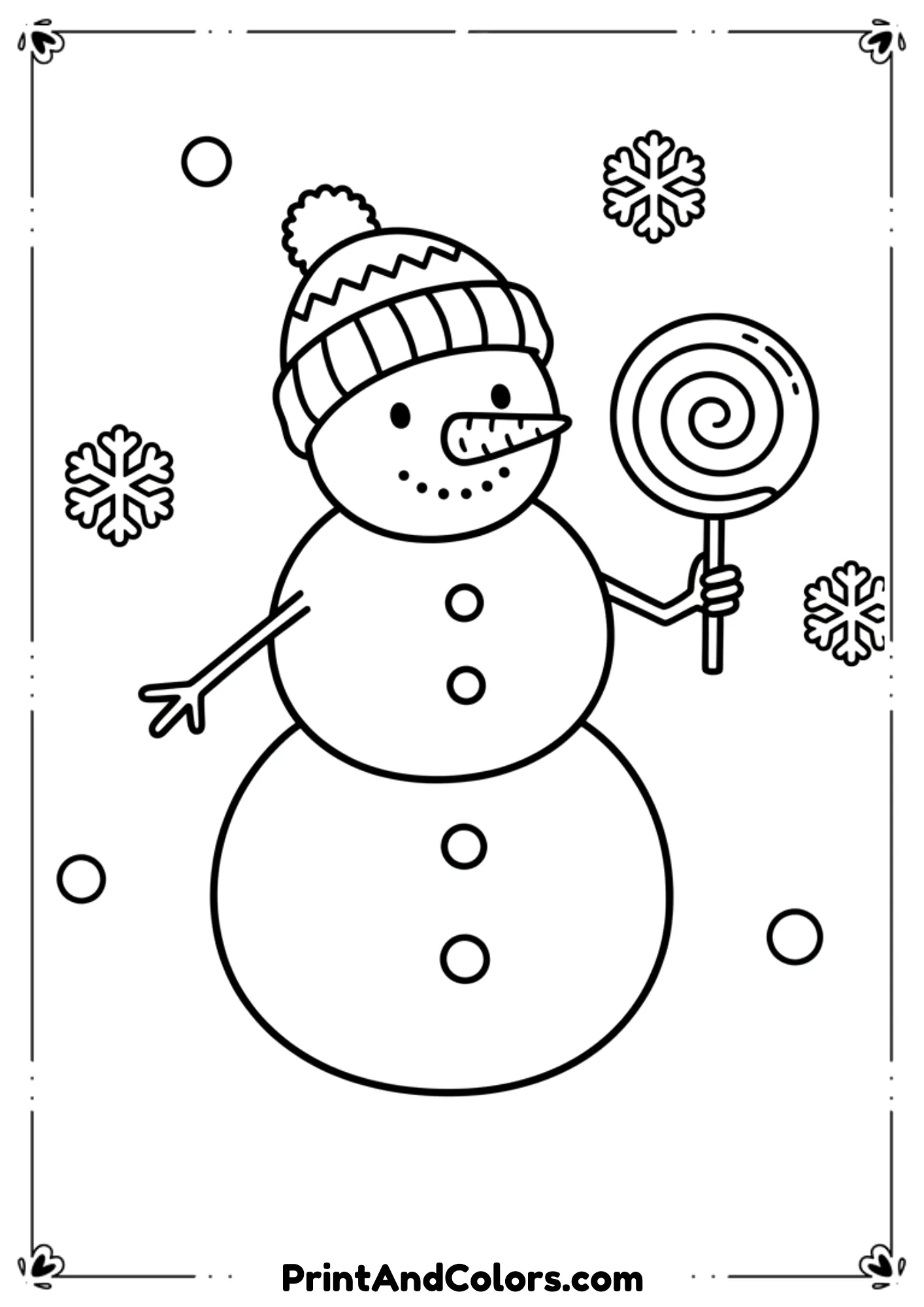 Preschool-friendly snowman holding a big round lollipop, wearing a fluffy winter hat. Very simple shapes, easy lines, open space.
