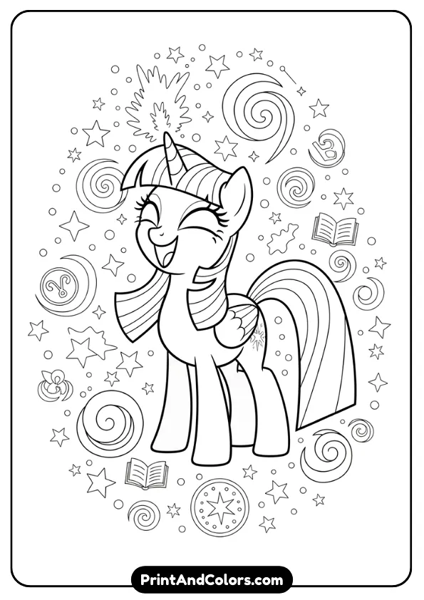 Create a black and white outline coloring page of Twilight Sparkle smiling brightly, standing with stars and magical symbols around her. Clean lines, no shading, printable coloring page.