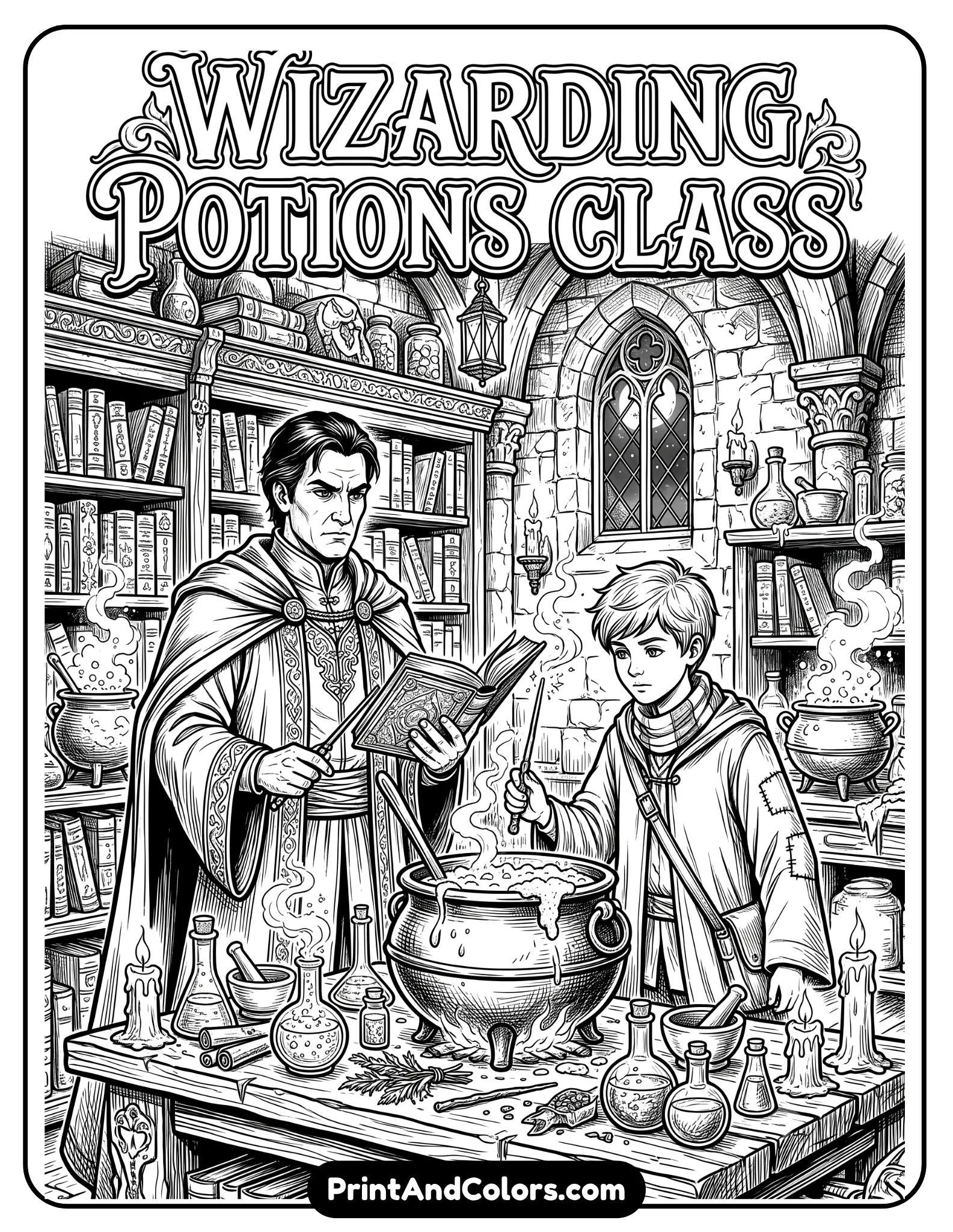 Black and white fantasy coloring page showing a stern dark-haired professor standing beside a young wizard holding a wand in a potion classroom. Include bubbling potion cauldrons, candles, bookshelves, smoke effects, and gothic classroom details. Dramatic printable line art with intricate fantasy elements