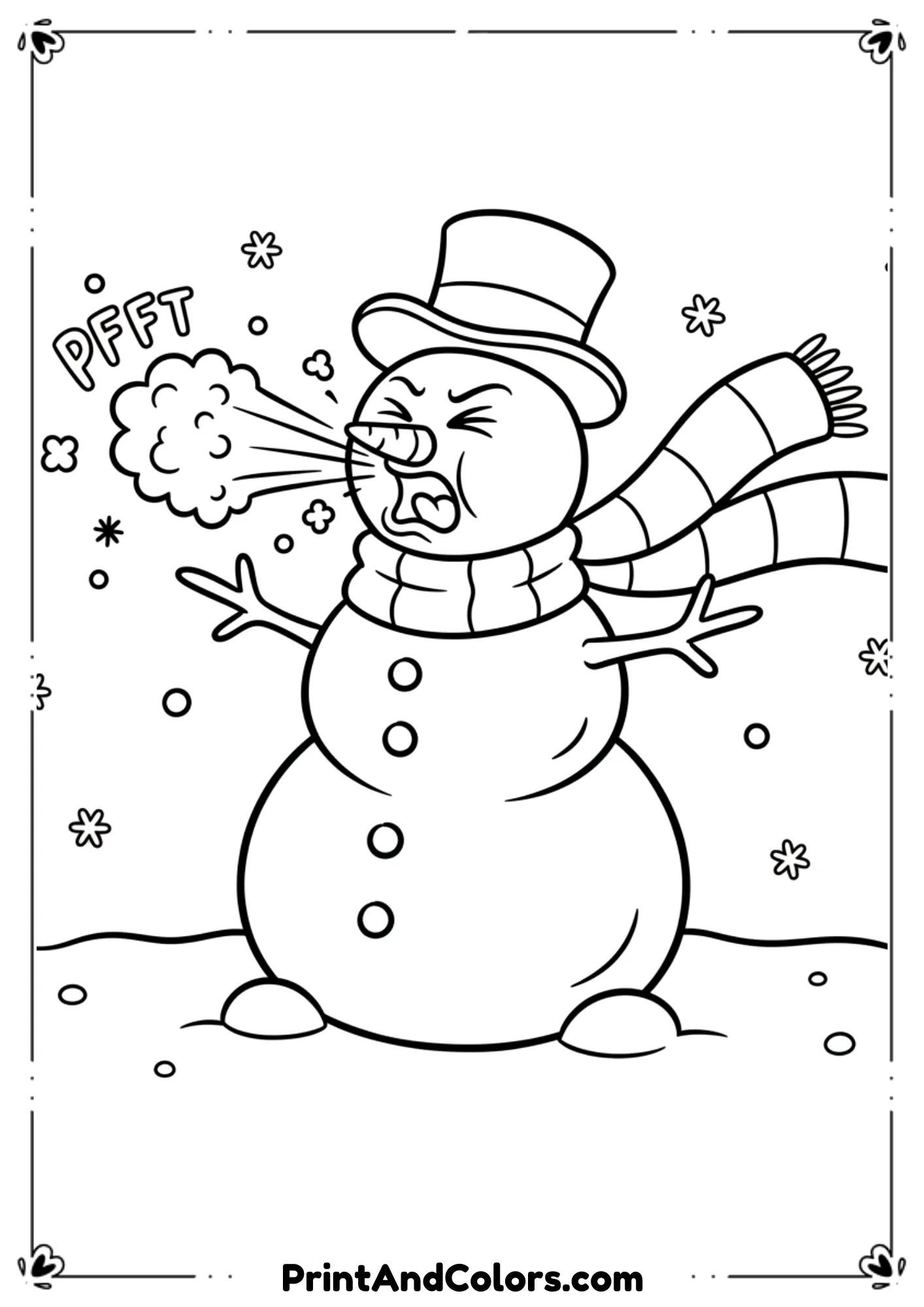 Snowman mid-sneeze, eyes closed, scarf lifting from the force, small snowflakes puffing out. Fun cartoon style.
