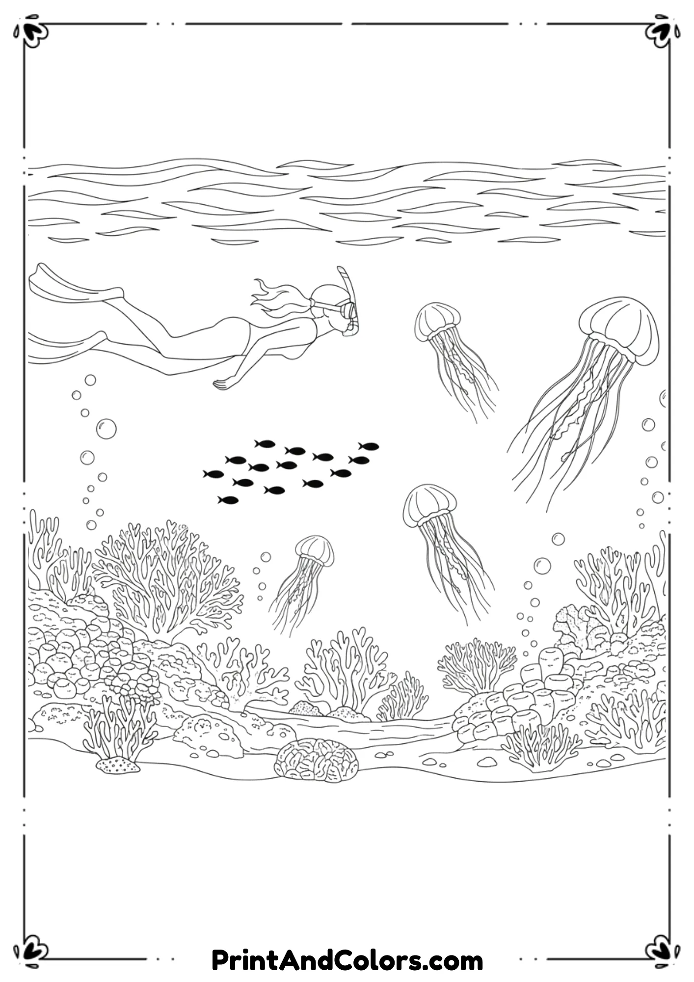 Underwater scene showing a snorkeler swimming near jellyfish, coral reefs, and small fish silhouettes. Draw clean outlines and simple background waves.