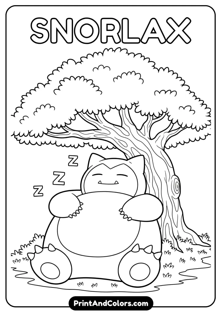 Snorlax napping under a tree – peaceful Pokemon coloring sheet.