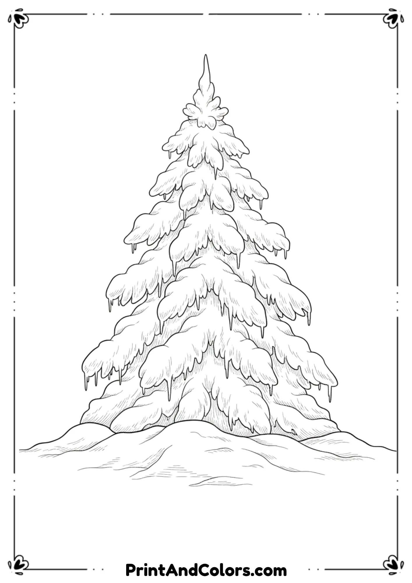 Snow piled on every branch of a tall Christmas tree, snow drips, winter detail, ground snow, no background objects. Clean line-art, printable.
