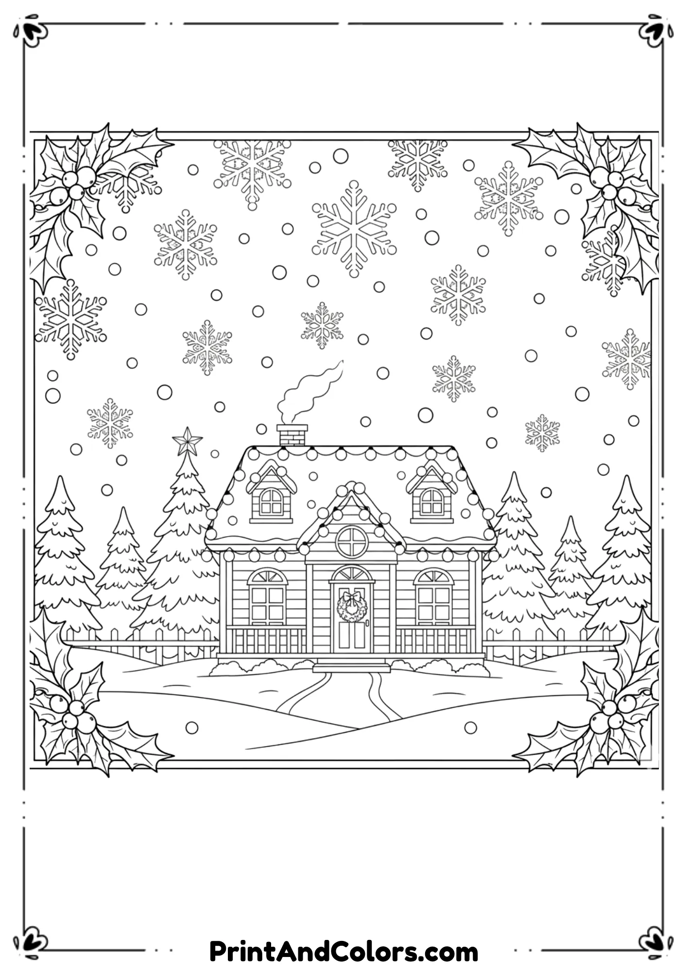 Black and white line art of a peaceful winter night sky filled with falling snowflakes, a house decorated with Christmas lights below.
