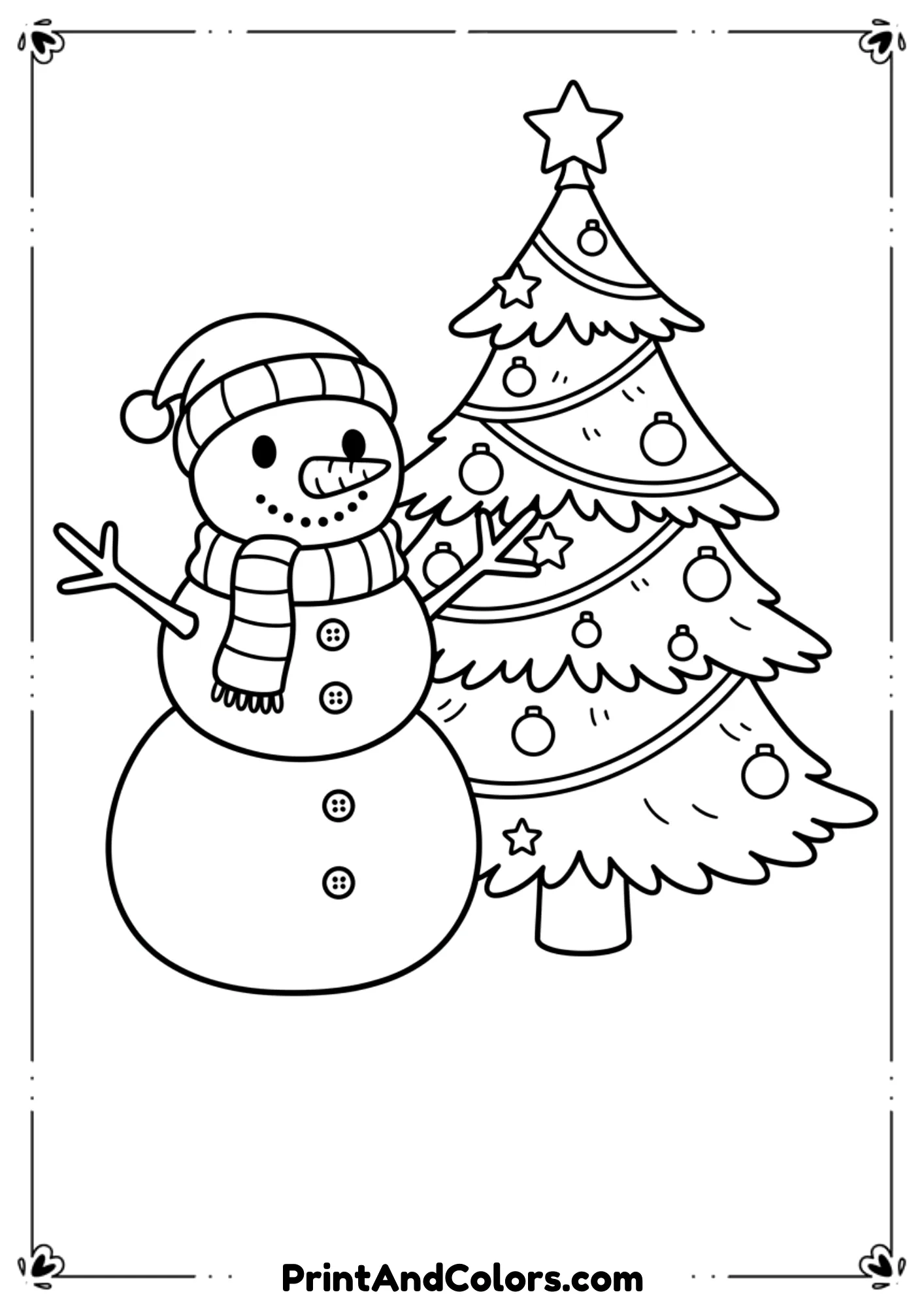  Friendly snowman wearing scarf and hat standing beside a decorated Christmas tree. Clean outlines, winter theme, easy to color.
