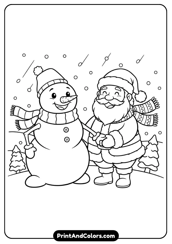 Cute snowman standing beside Santa, both smiling. Add simple winter background—snowfall, scarves, small trees