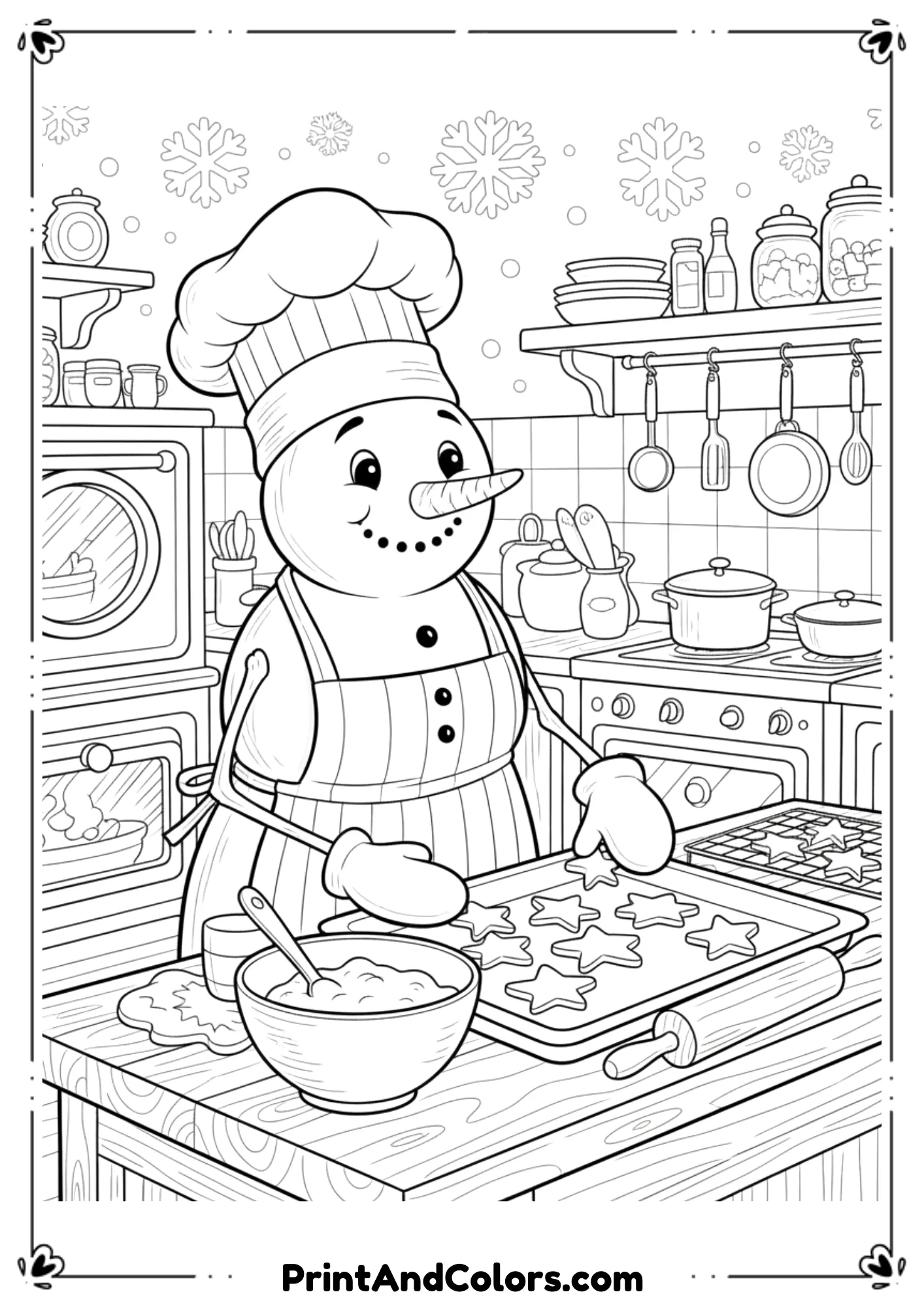 Whimsical snowman inside a cozy kitchen, baking star-shaped cookies on a counter. Simple details like oven, tray, and utensils in black and white line art.
