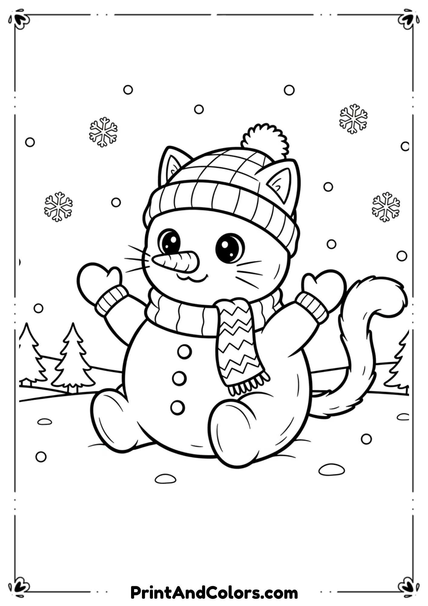Cute hybrid snowman-cat character: round snow body with cat ears, whiskers, and tail. Sitting or standing in snow. Adorable outline.
