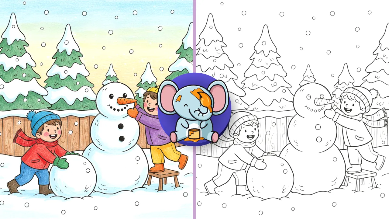 Kids building a snowman together in a snowy winter scene