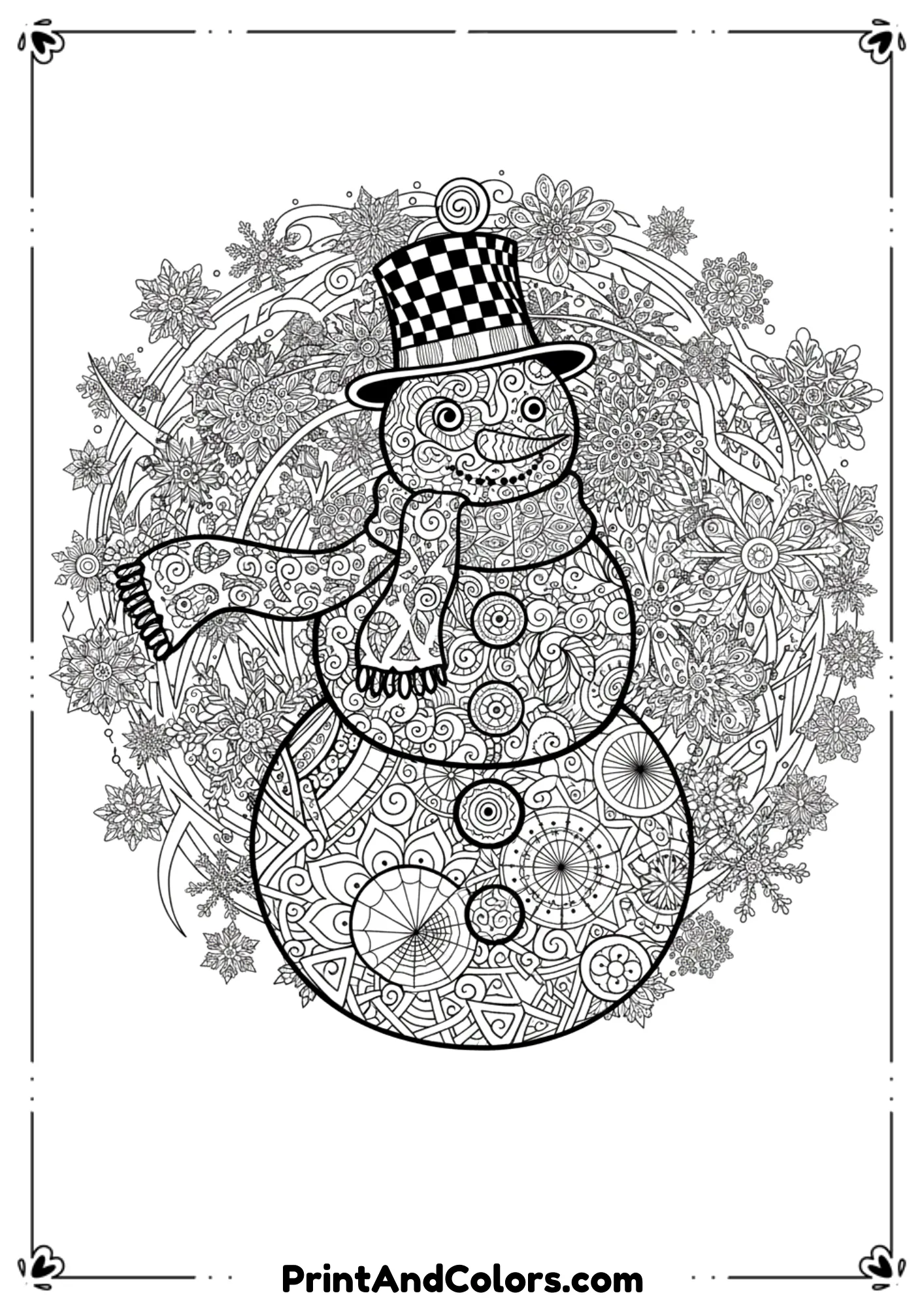 Highly detailed snowman with intricate patterns on scarf, hat, buttons, and background snowflakes. Adult-level doodle art line design.

