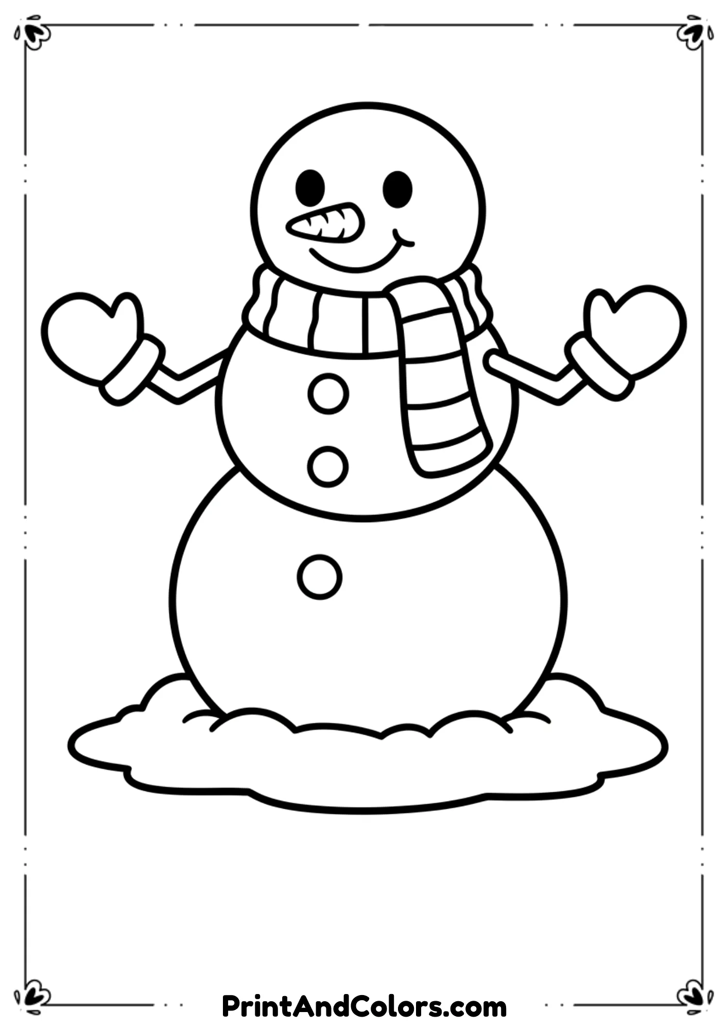 Friendly and simple snowman with smiling face, mittens, scarf, and buttons, standing in light snow. Designed with large shapes for young kids to color.
Alt Text:
