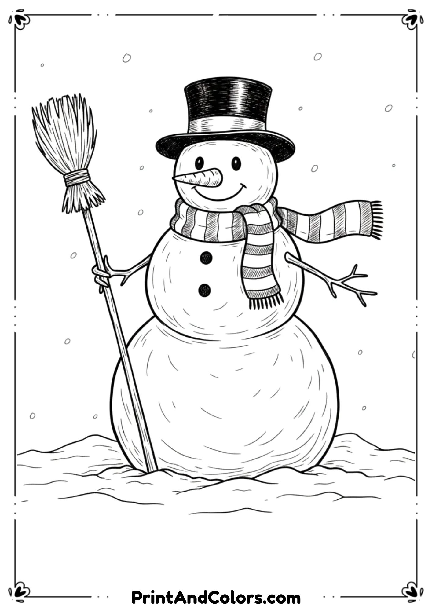 Black and white line art of a classic snowman standing in the snow, with a round body, coal eyes, carrot nose, simple smile, scarf, and top hat. Include light snowflakes falling around. Clean outlines, no shading, kid-friendly printable coloring page.

