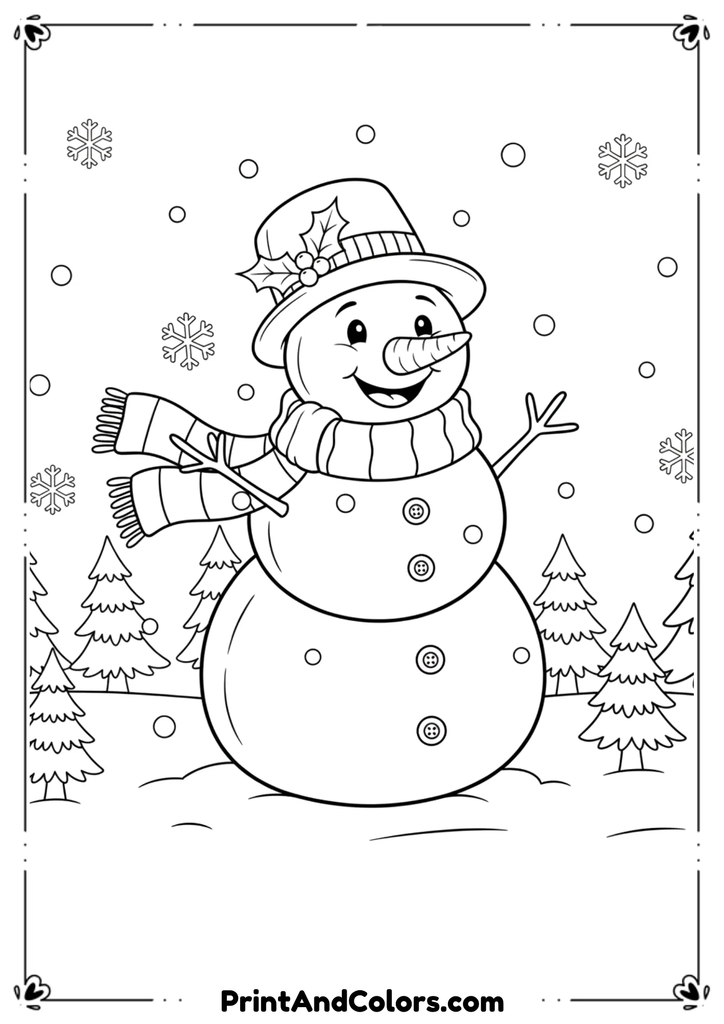 Snowman with holly leaves on hat, surrounded by small pine trees. Falling snow and winter scene in black and white outlines.
