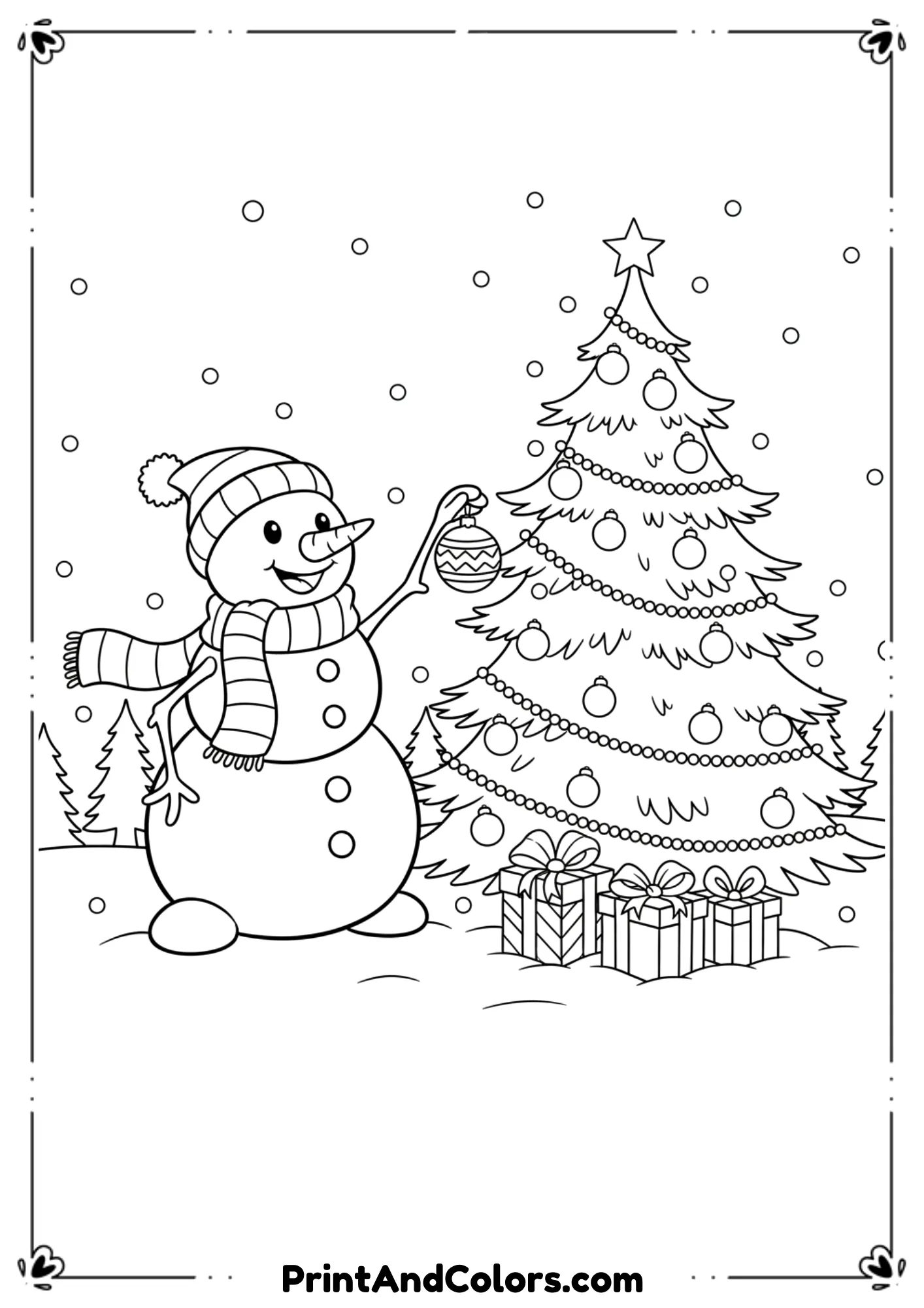 Snowman reaching up to place an ornament on a Christmas tree. Presents underneath, simple snowy background.
