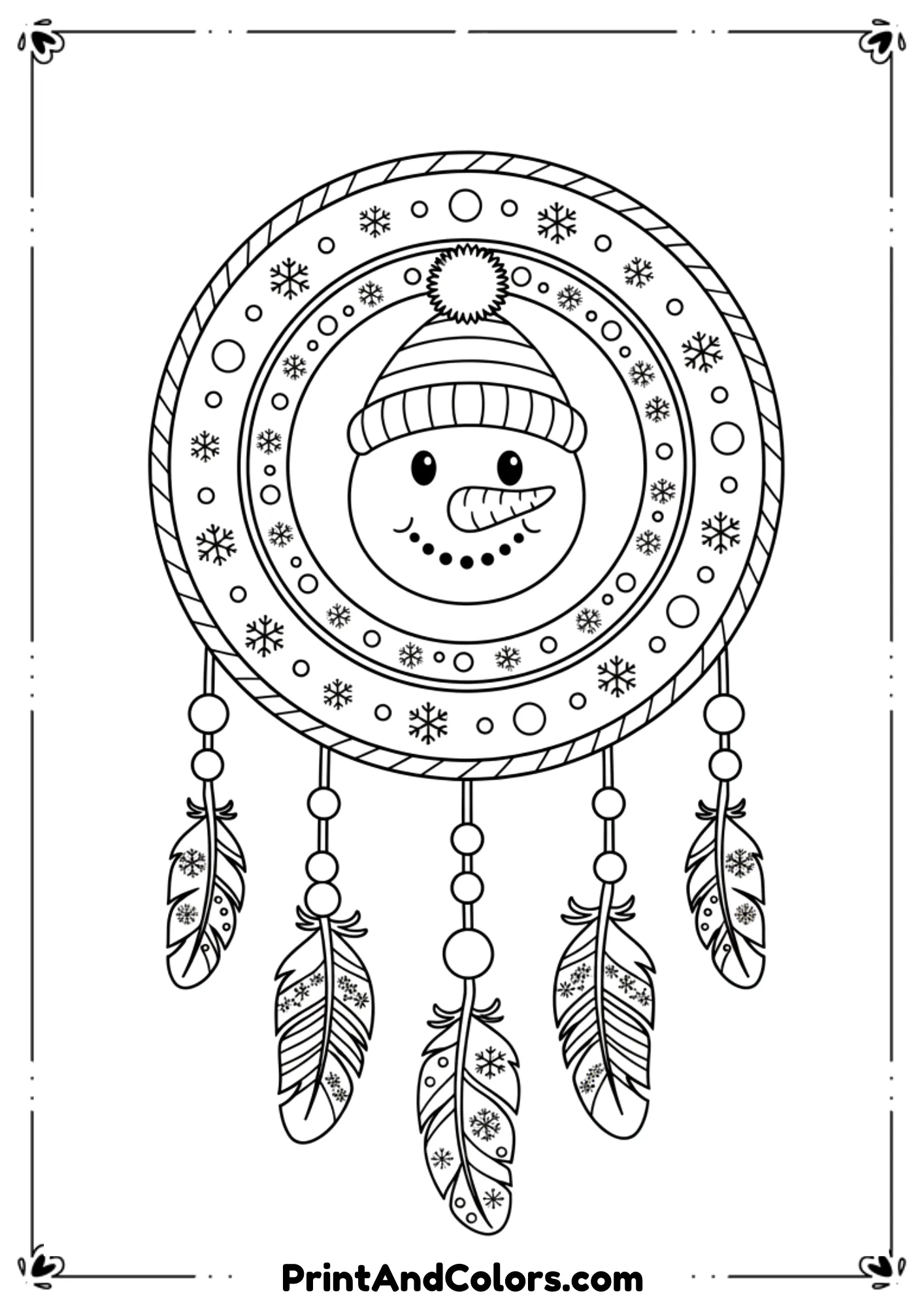 Dreamcatcher circle with snowman face in center. Feathers, beads, and snowflake patterns hanging below. Clean, kid-friendly lines.

