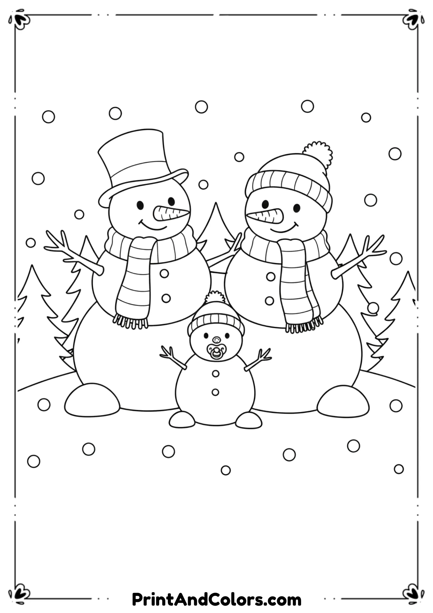 Snowman family of three: big parent snowmen and a small baby snowman. Cute winter background with trees.