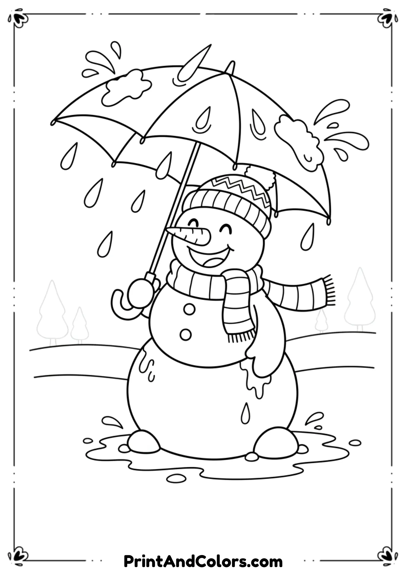 Snowman standing under an umbrella, raindrops or melting snow falling, fun contrast scene. Clean cartoon outline.
