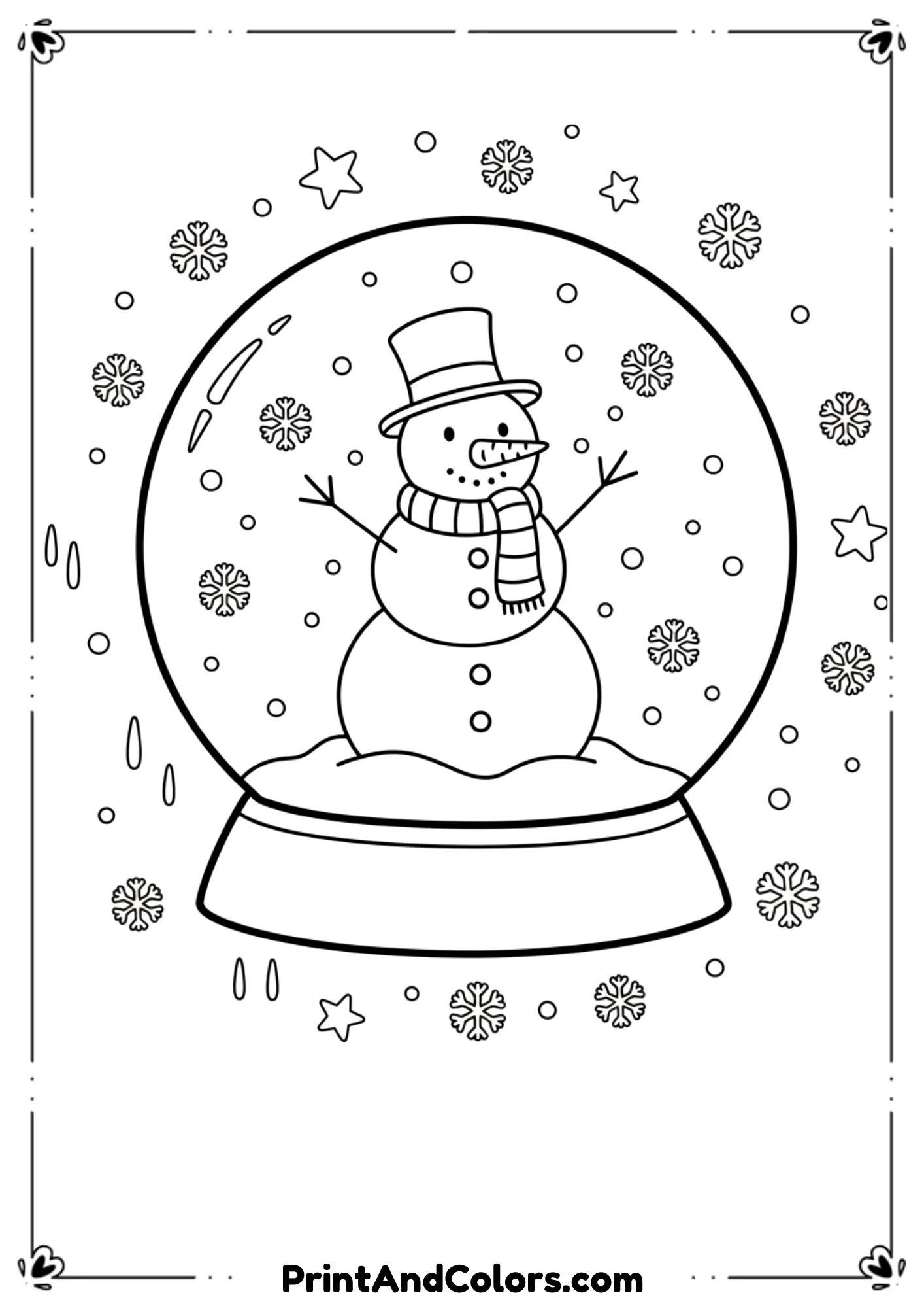 Snowman inside a round snow globe, gentle falling snow inside, simple base, stars and winter shapes around.
