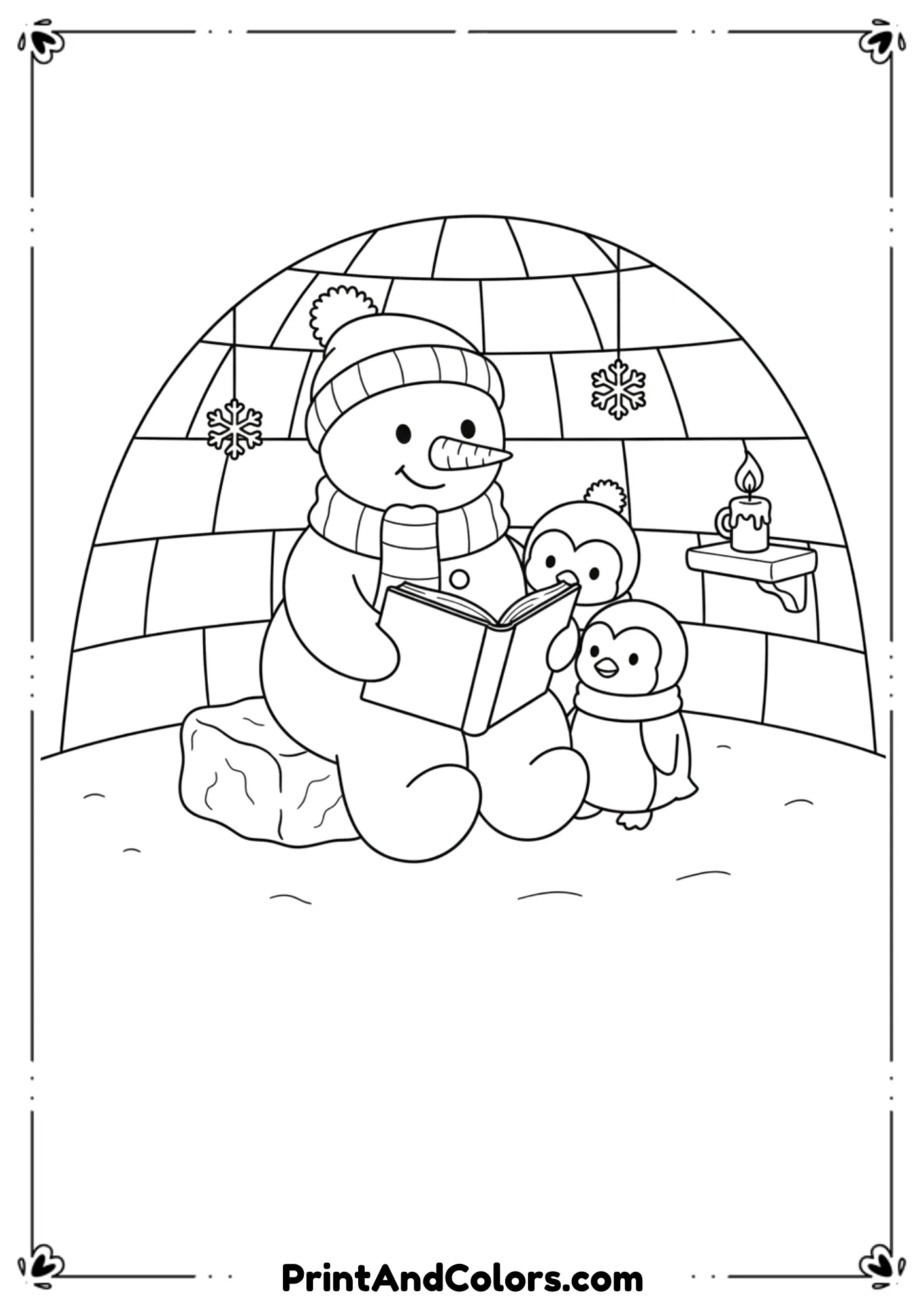 Snowman sitting with open book, reading to two penguins inside a cozy igloo. Ice blocks and simple details inside.
