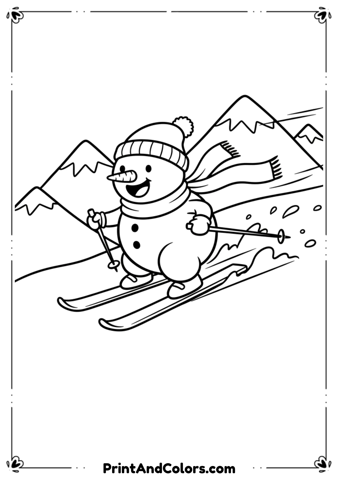Action scene of snowman on skis going downhill, scarf flying in the wind, simple snowy mountains in background.
