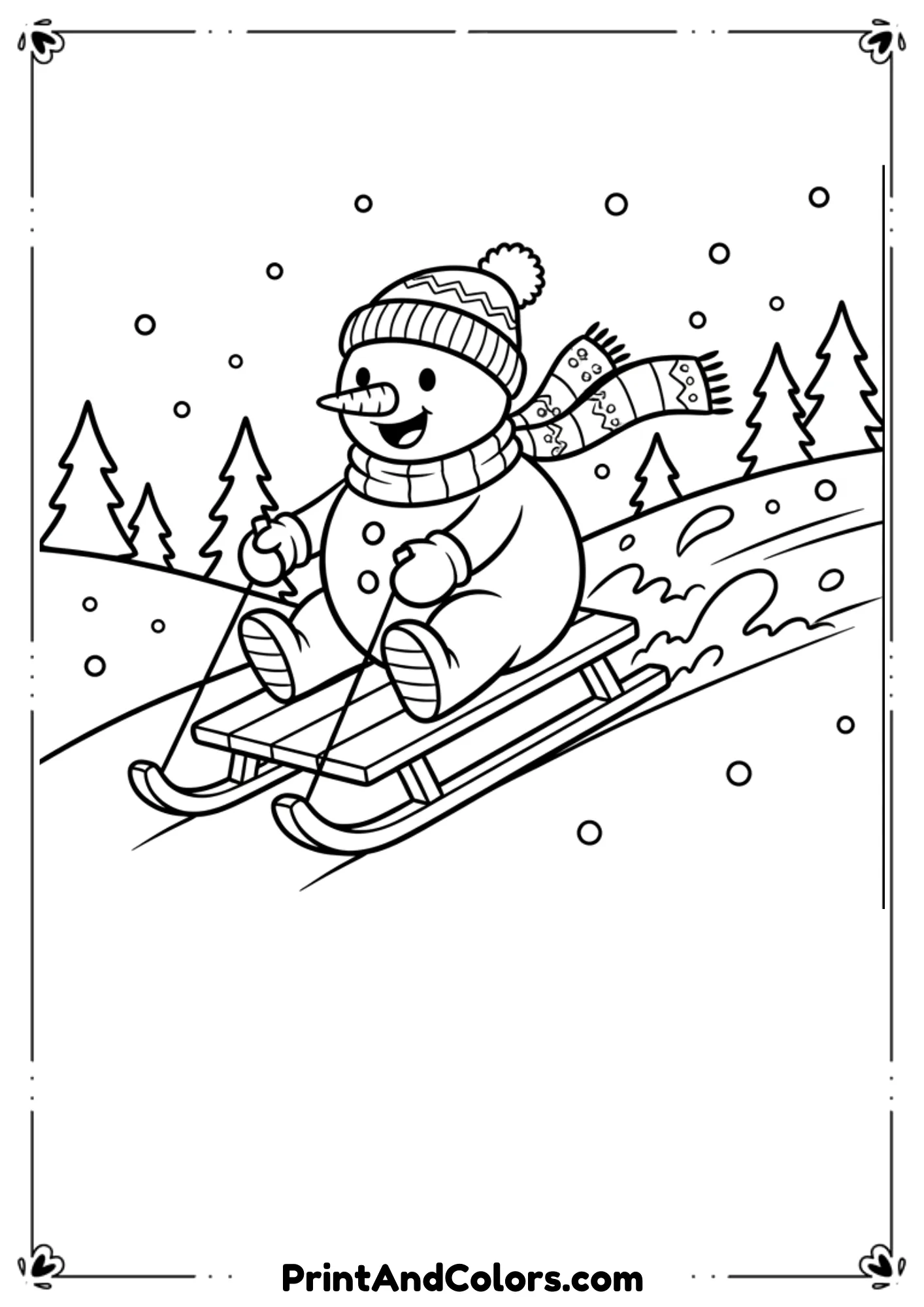 Fun snowman sitting on sled going downhill quickly, scarf flying, snow lines showing movement, simple winter hills behind.
