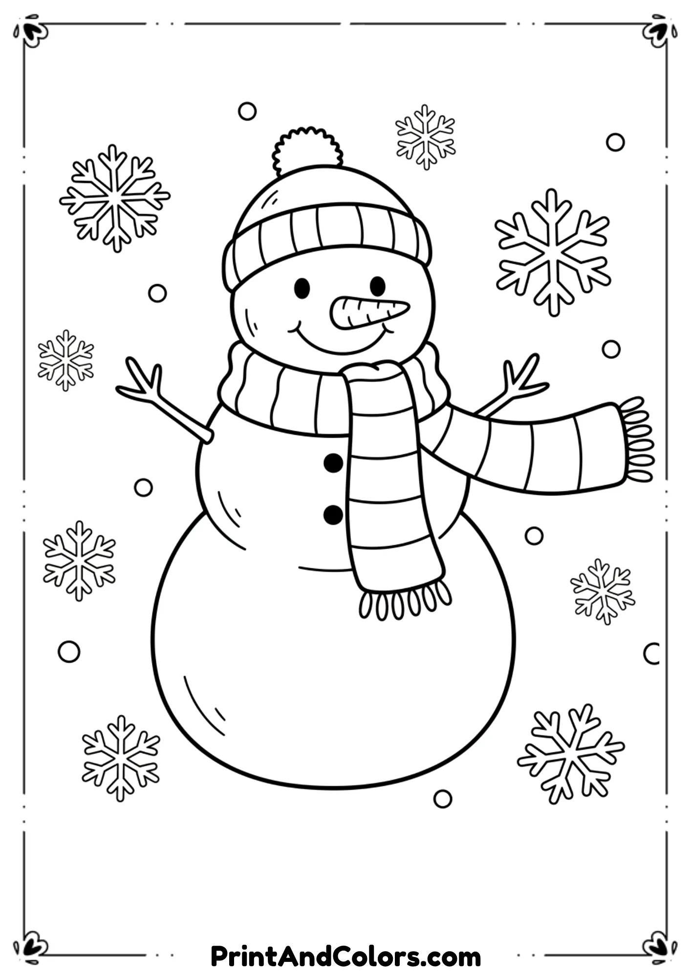 Cute snowman wrapped in a long winter scarf with stripes. Snowflakes lightly falling around. Soft, kid-friendly line style.
