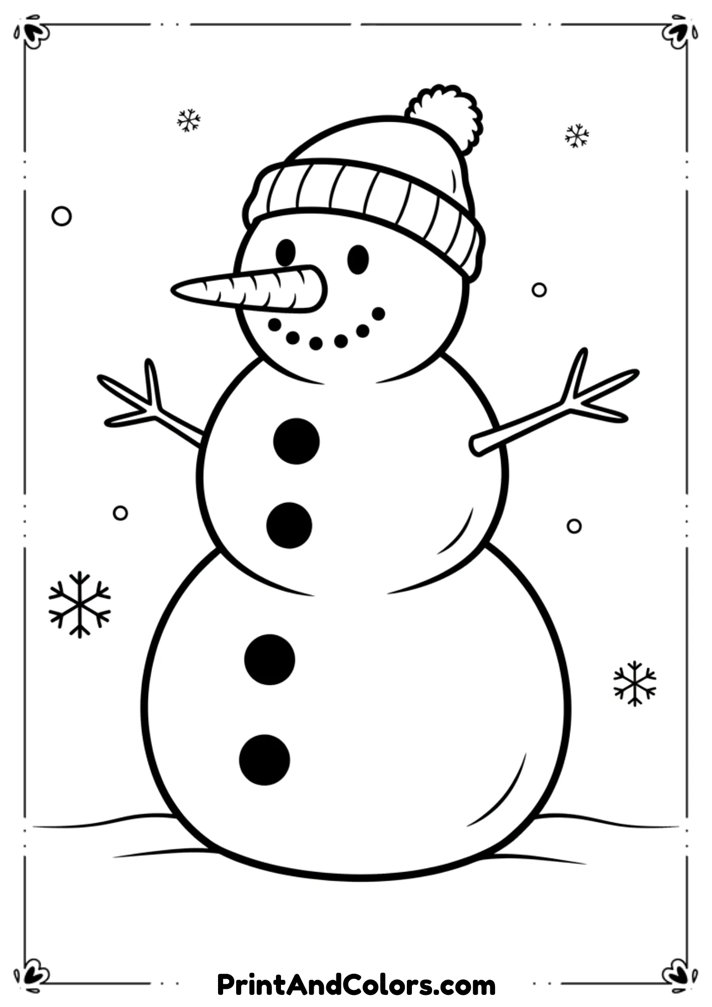 Classic snowman with long carrot nose, stick arms, buttons, and winter hat. Crisp lines perfect for coloring.
