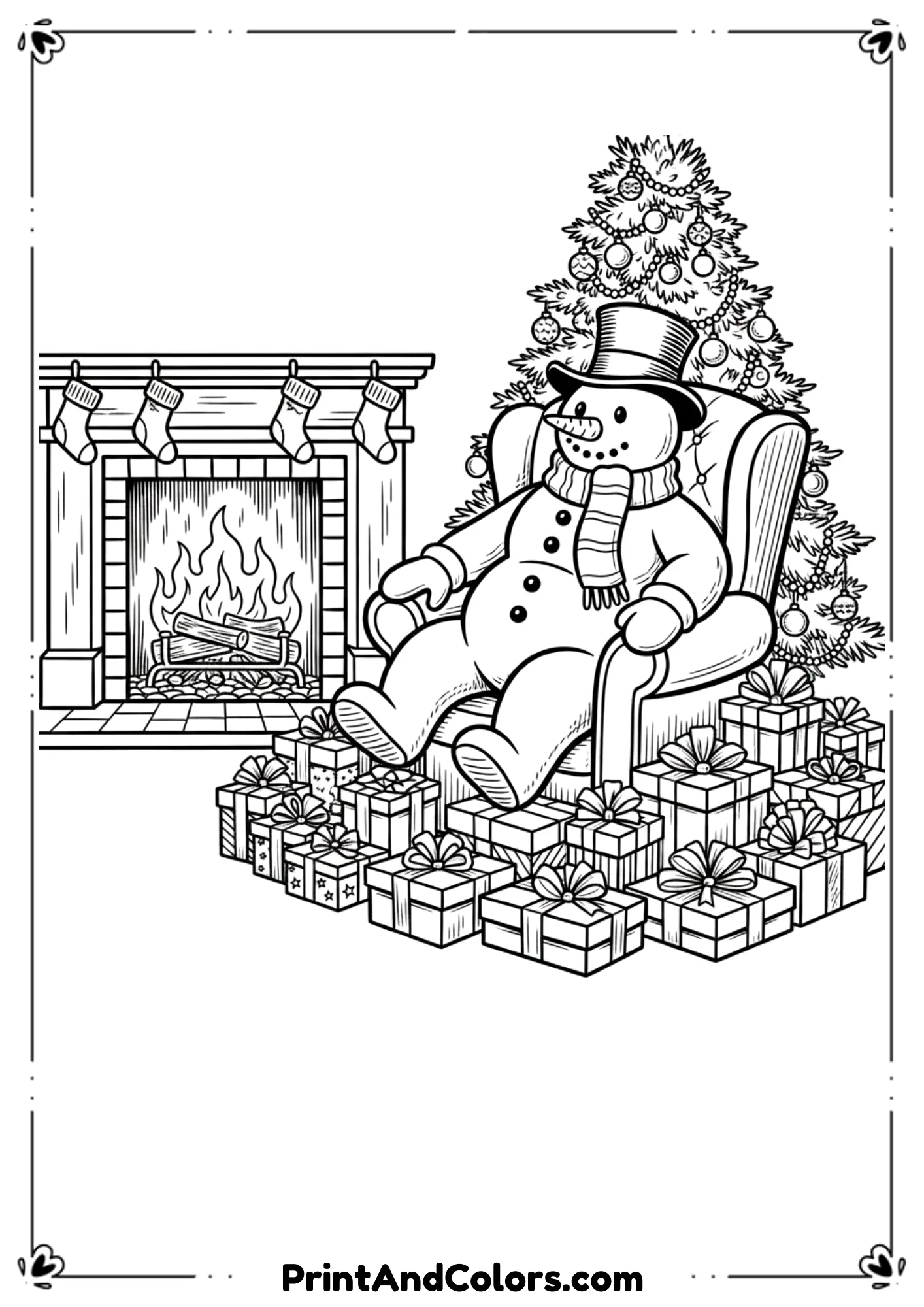 Snowman sitting beside a warm fireplace, stack of Christmas gifts around him. Cozy holiday indoor scene in line art.
