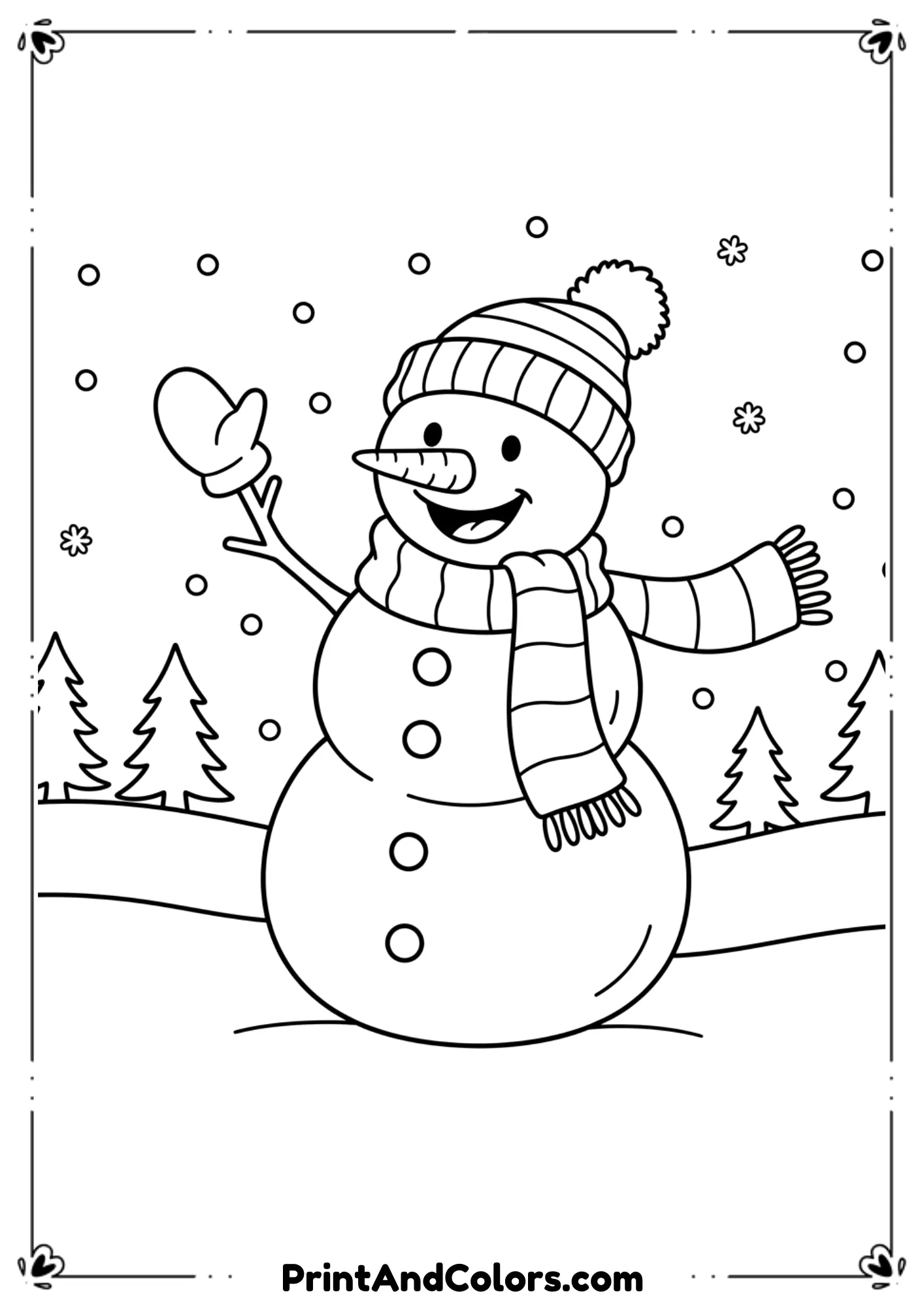 Happy snowman waving one stick arm, wearing long scarf and three buttons down the body. Simple winter background.
