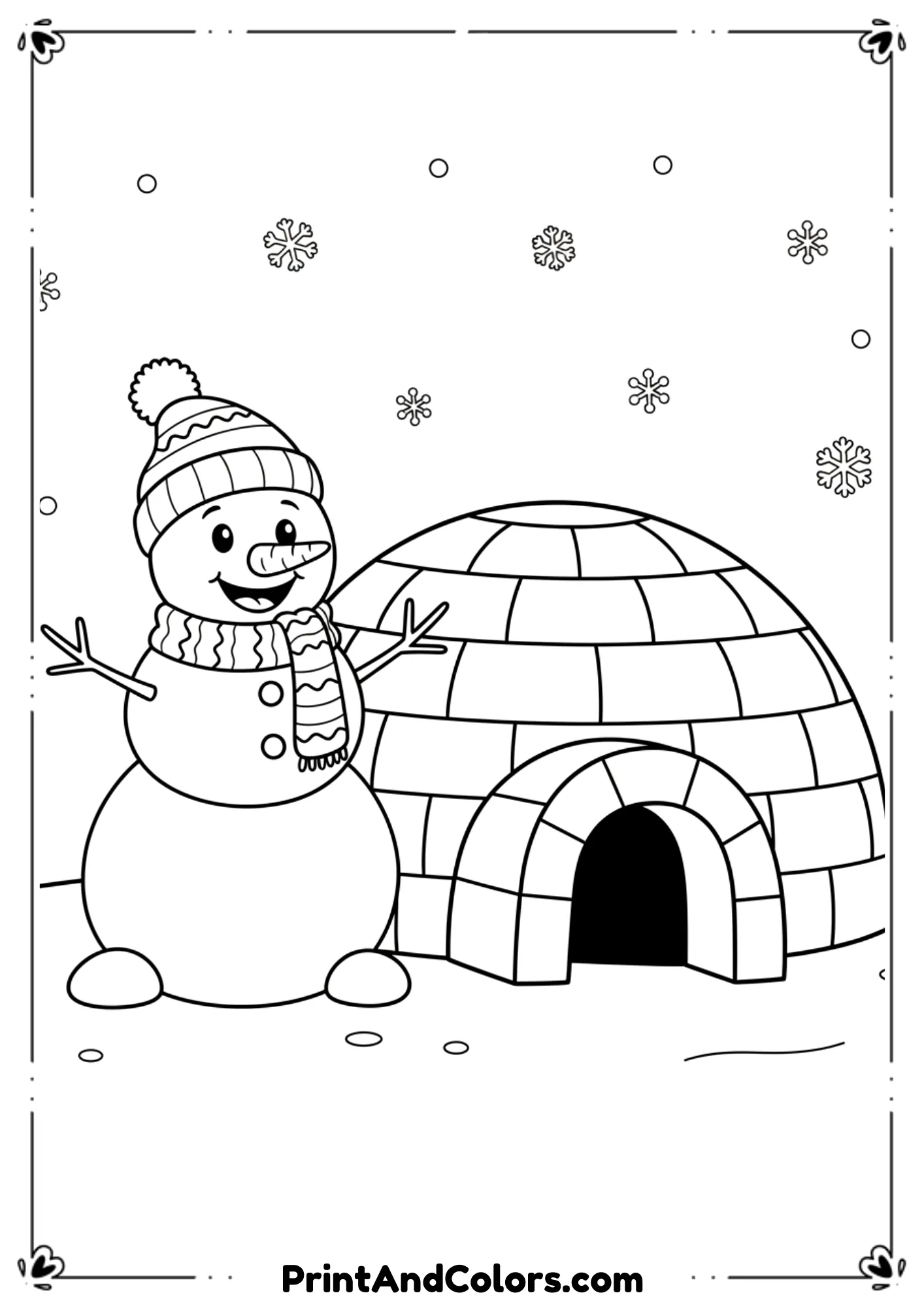 Snowman beside a simple igloo, snowy ground, small snowflakes in sky. Smooth, kid-friendly outlines.
