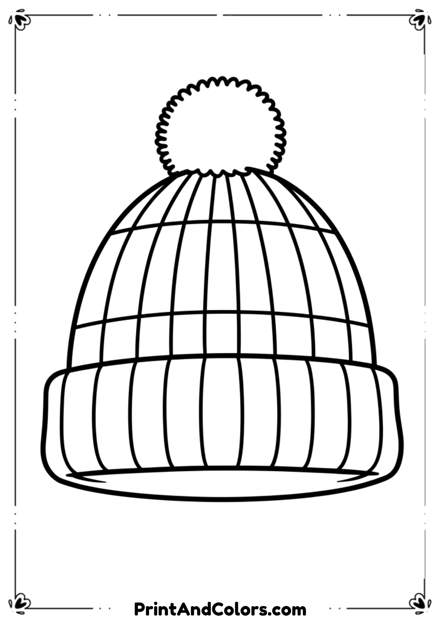 Standalone winter hat for a snowman—striped beanie with pom-pom—designed as a simple black and white coloring outline.
