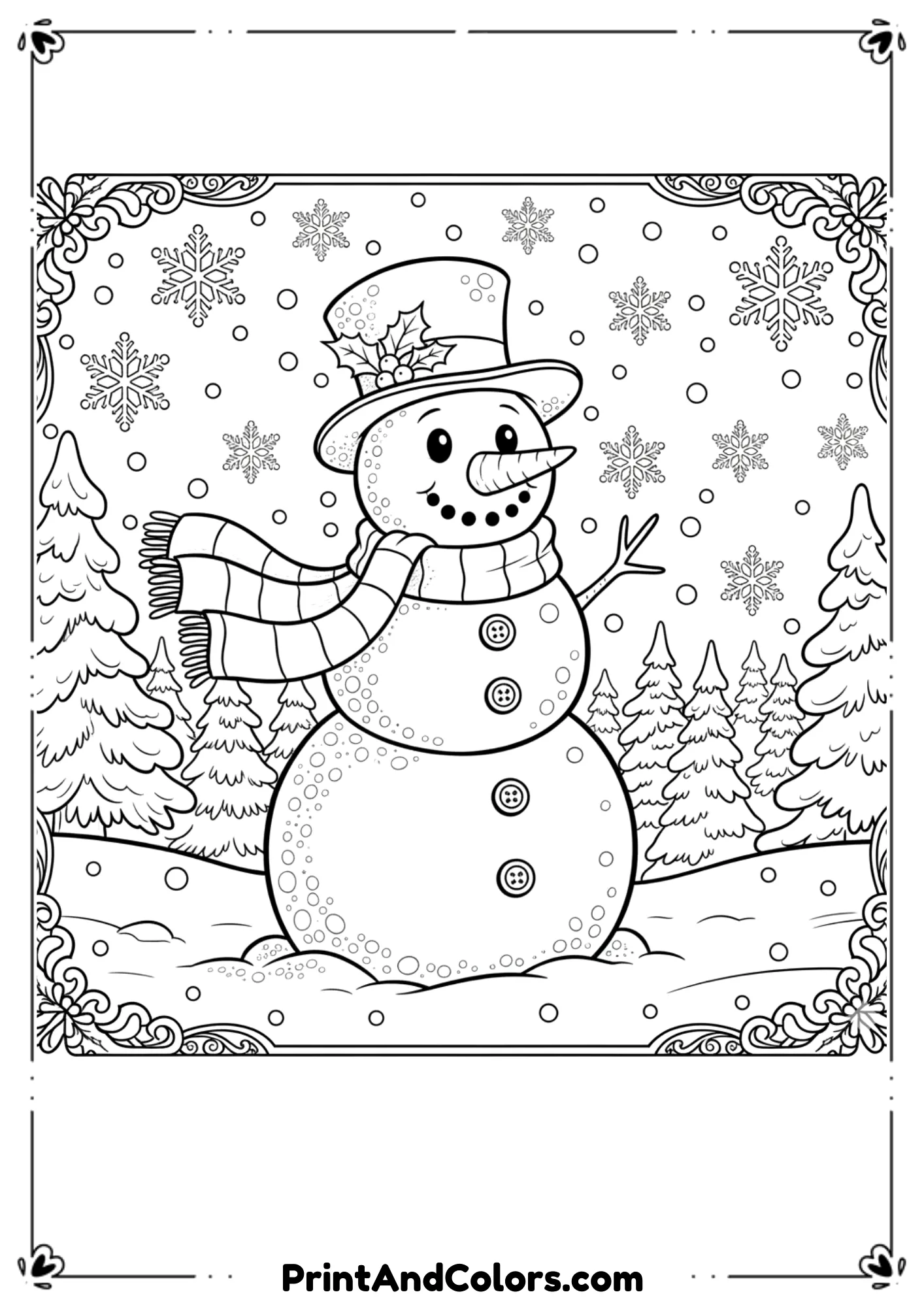 Black and white outline of a cheerful snowman with a scarf, hat, and carrot nose standing in a snowy Christmas wonderland with trees and snowflakes.
