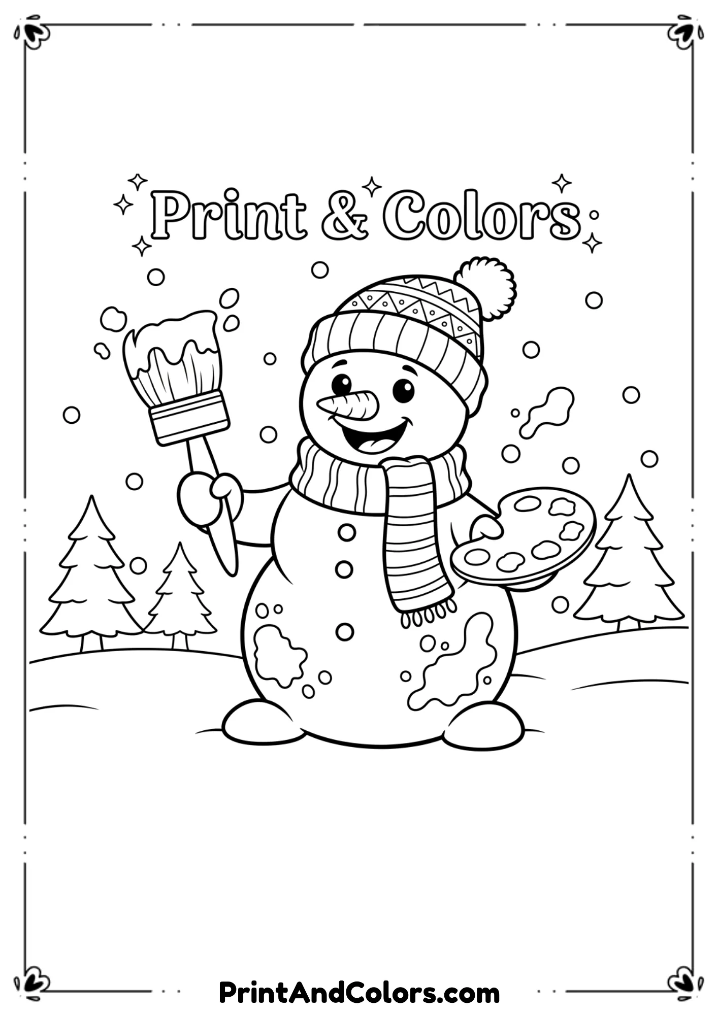 Snowman holding a paintbrush and small paint palette, splashes of paint drawn as outline shapes. Add text “Print & Colors” above in stylized line art.
