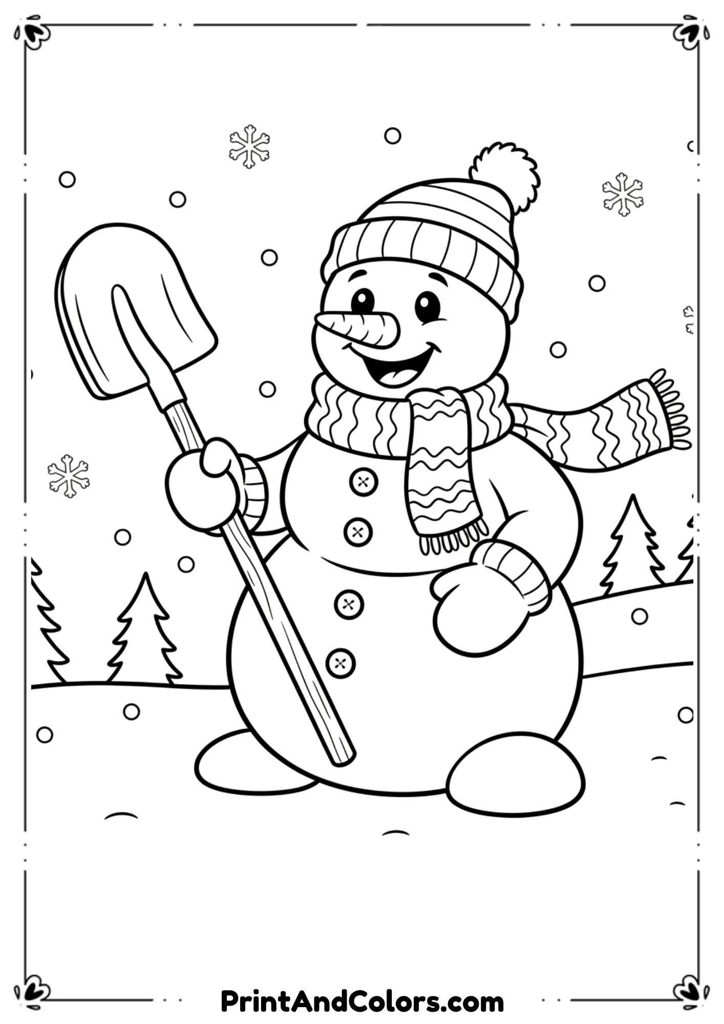 Snowman holding a snow shovel, ready to clear snow. Wearing winter gloves and a scarf. Clean cartoon line style.
