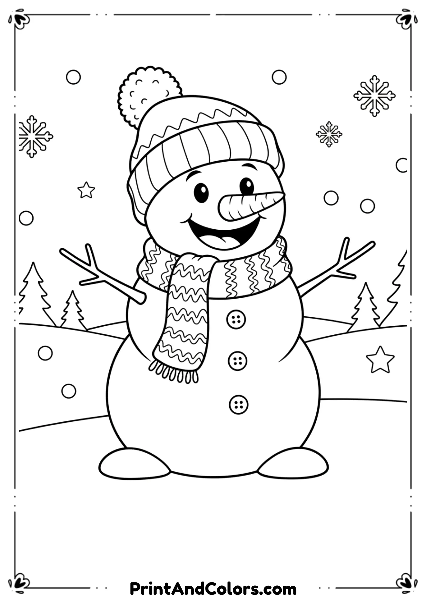 Snowman wearing a warm fluffy hat, huge friendly smile, simple winter scene with snowflakes.
