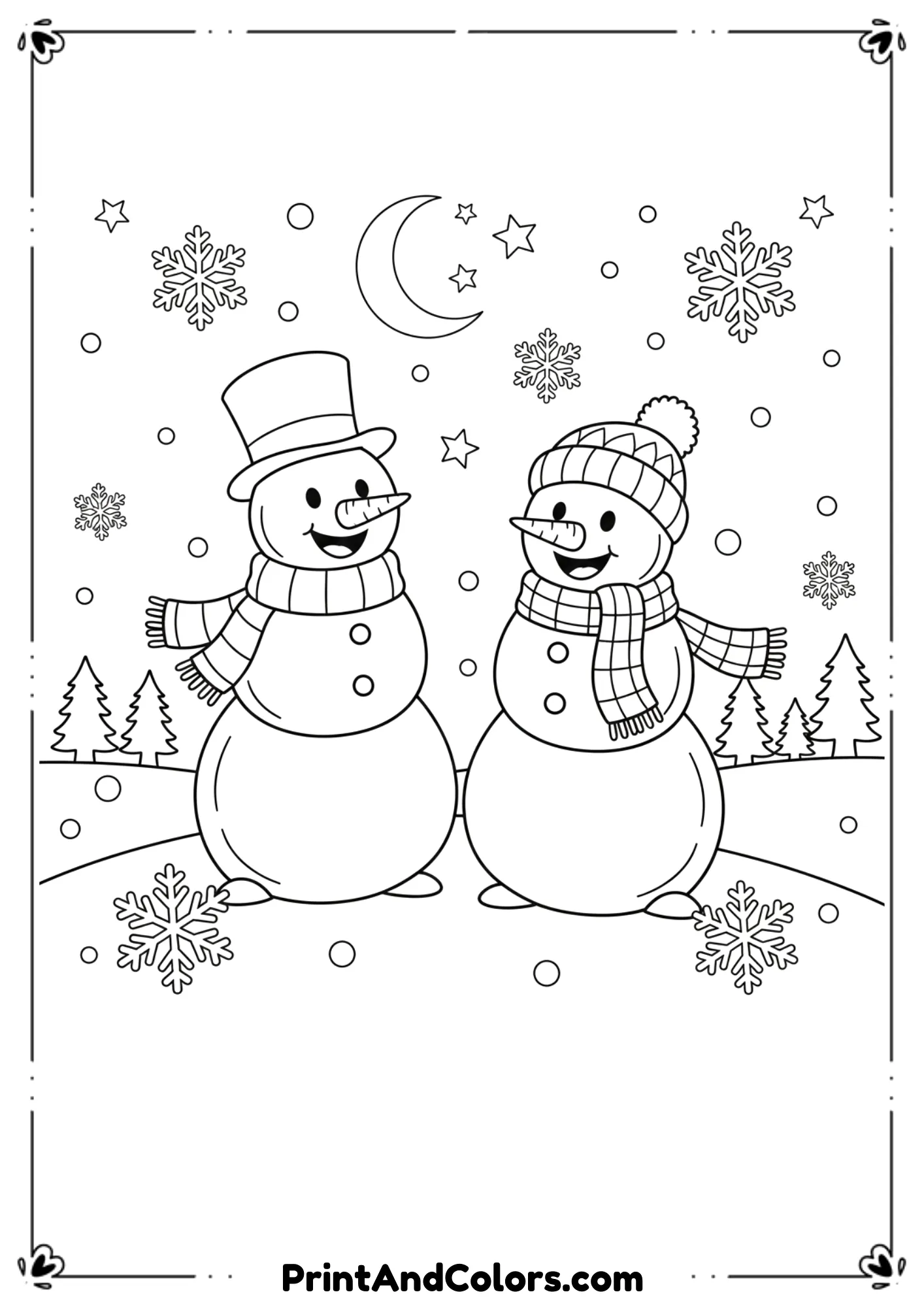 Two snowmen standing under a starry night sky with a crescent moon. Clean line art, simple silhouettes behind.
