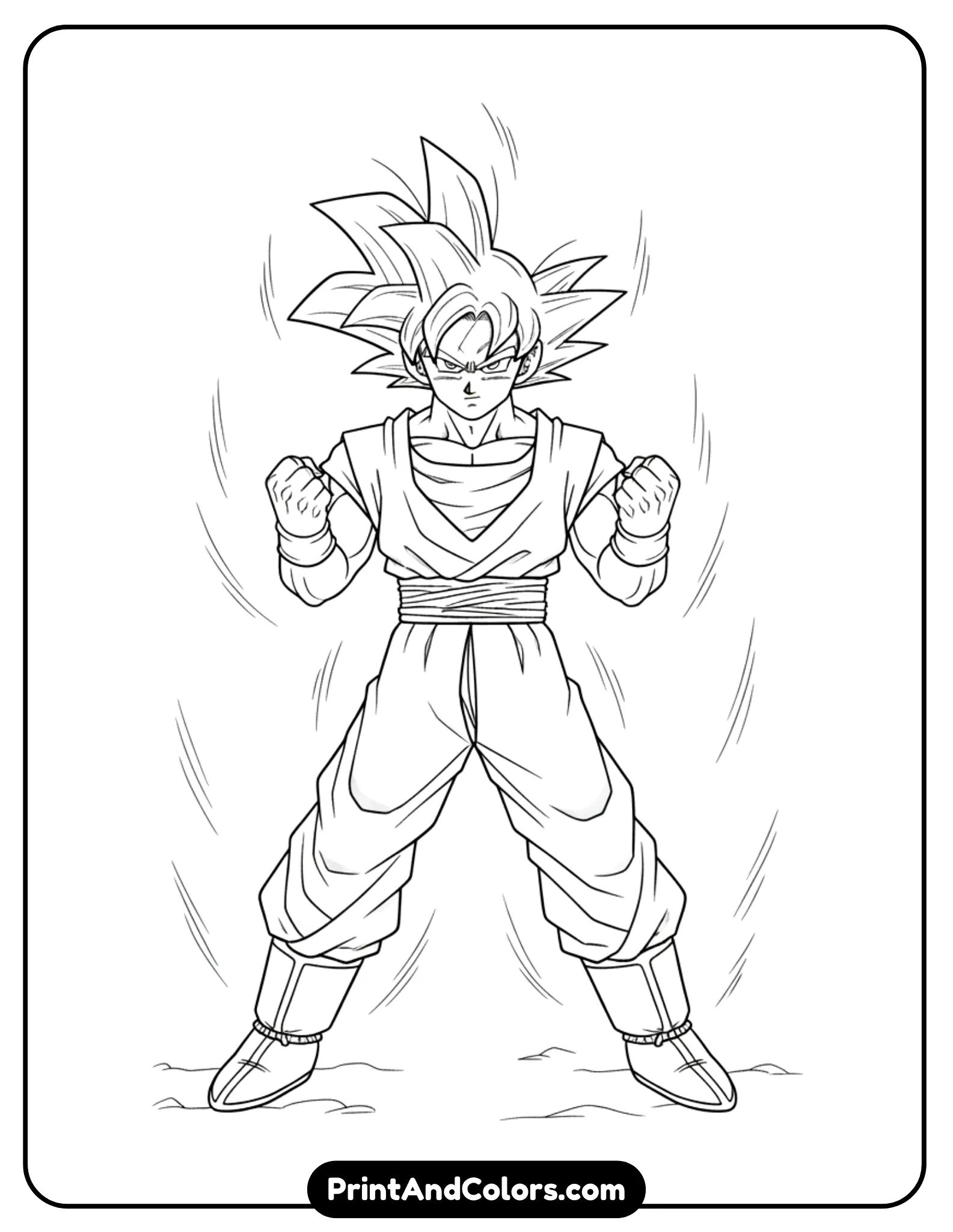 Draw Son Goku standing confidently with feet apart and fists ready. Calm yet determined expression. Simple energy lines around him. Clean black and white line art for kids coloring.