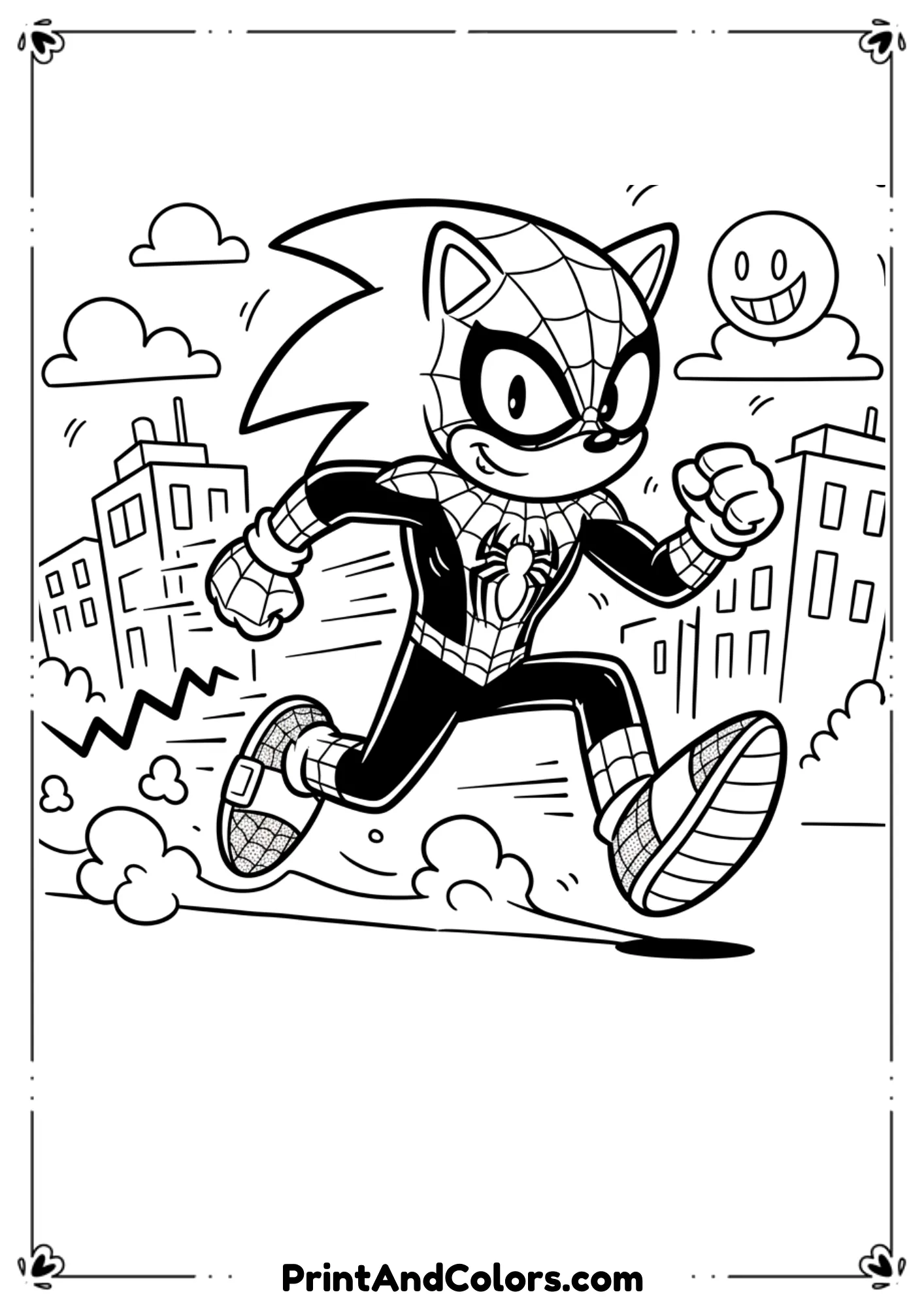 Fun mashup of Sonic the Hedgehog in Spider-Man suit, running pose in bold outlines.
