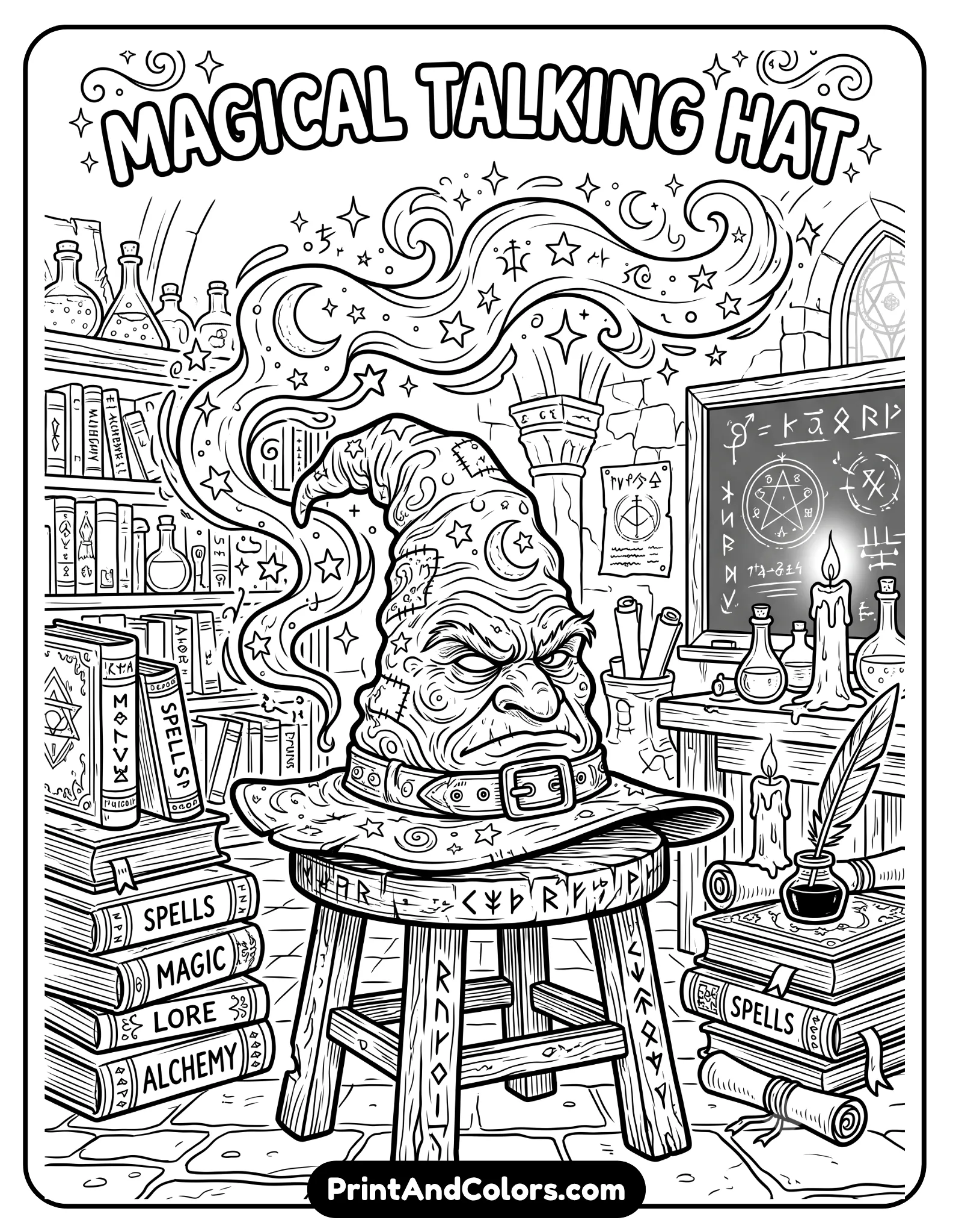 Detailed black and white coloring page of a magical talking hat resting on an ancient wooden stool. Include floating stars, spell books, candles, magical smoke, and fantasy classroom background. Intricate wrinkle details on the hat with bold printable line art style