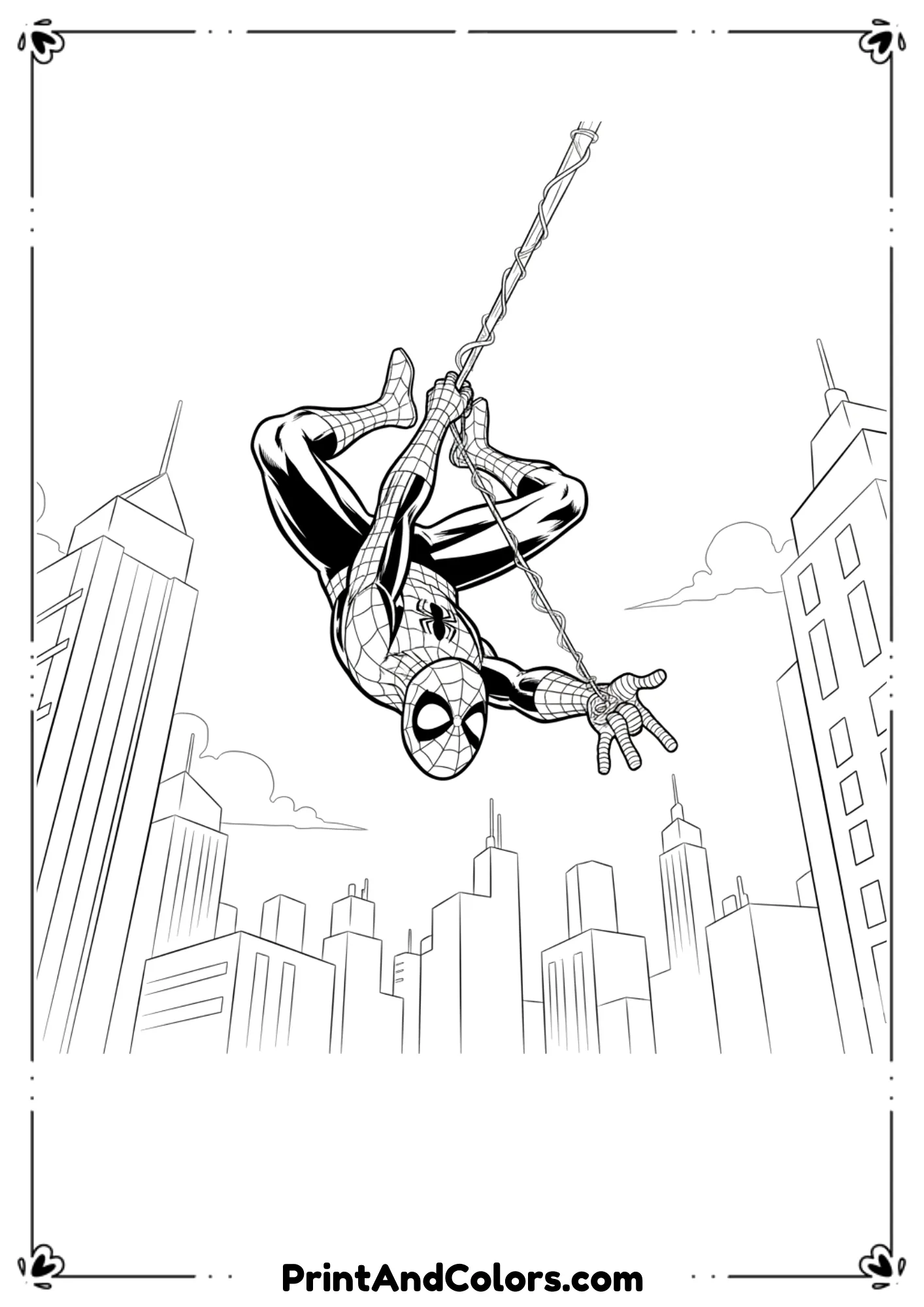 Spider-Man doing an acrobatic flip while swinging from his web, bold comic-style outlines.
