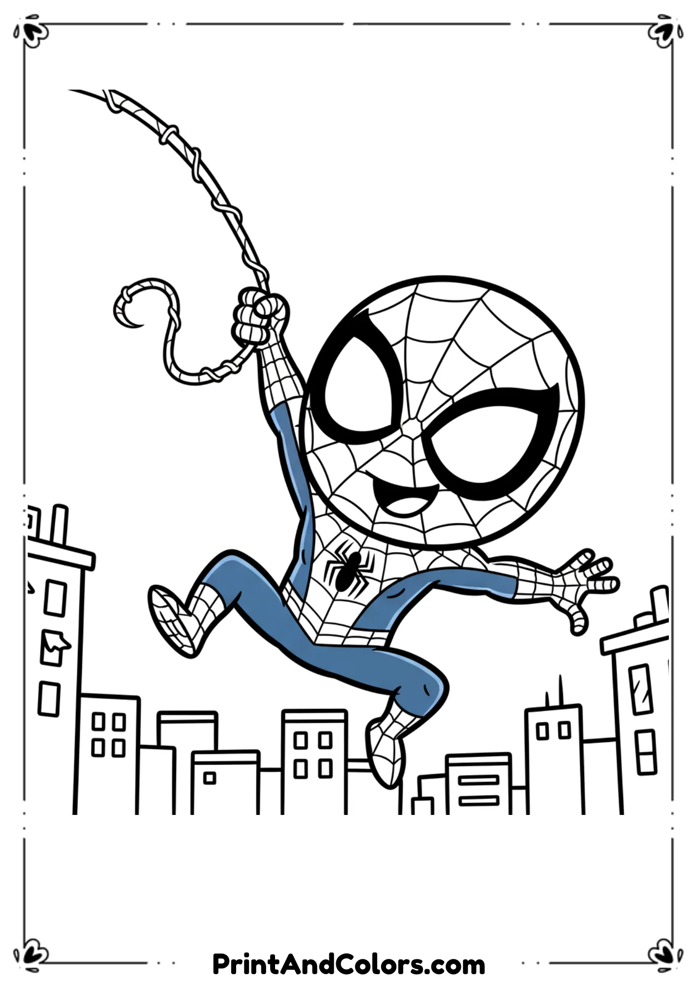 Spider-Man mid-swing holding web line, city behind in bold outlines.

